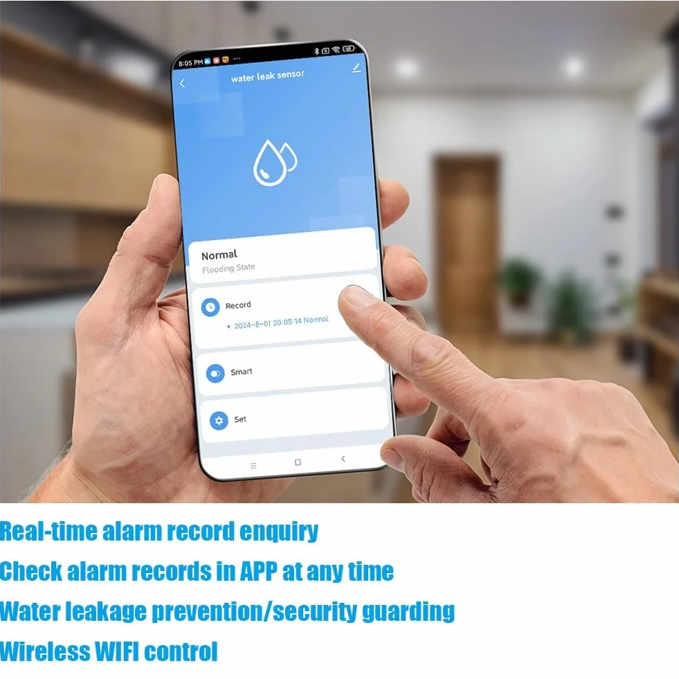 Flintronic Detektor wycieku wody Wi-Fi, inteligentny czujnik wycieku wody, alarm wody 80 dB z kablem wykrywającym 1 m, zdalne monitorowanie aplikacji, zasilanie baterią AAA, do kuchni, piwnicy,