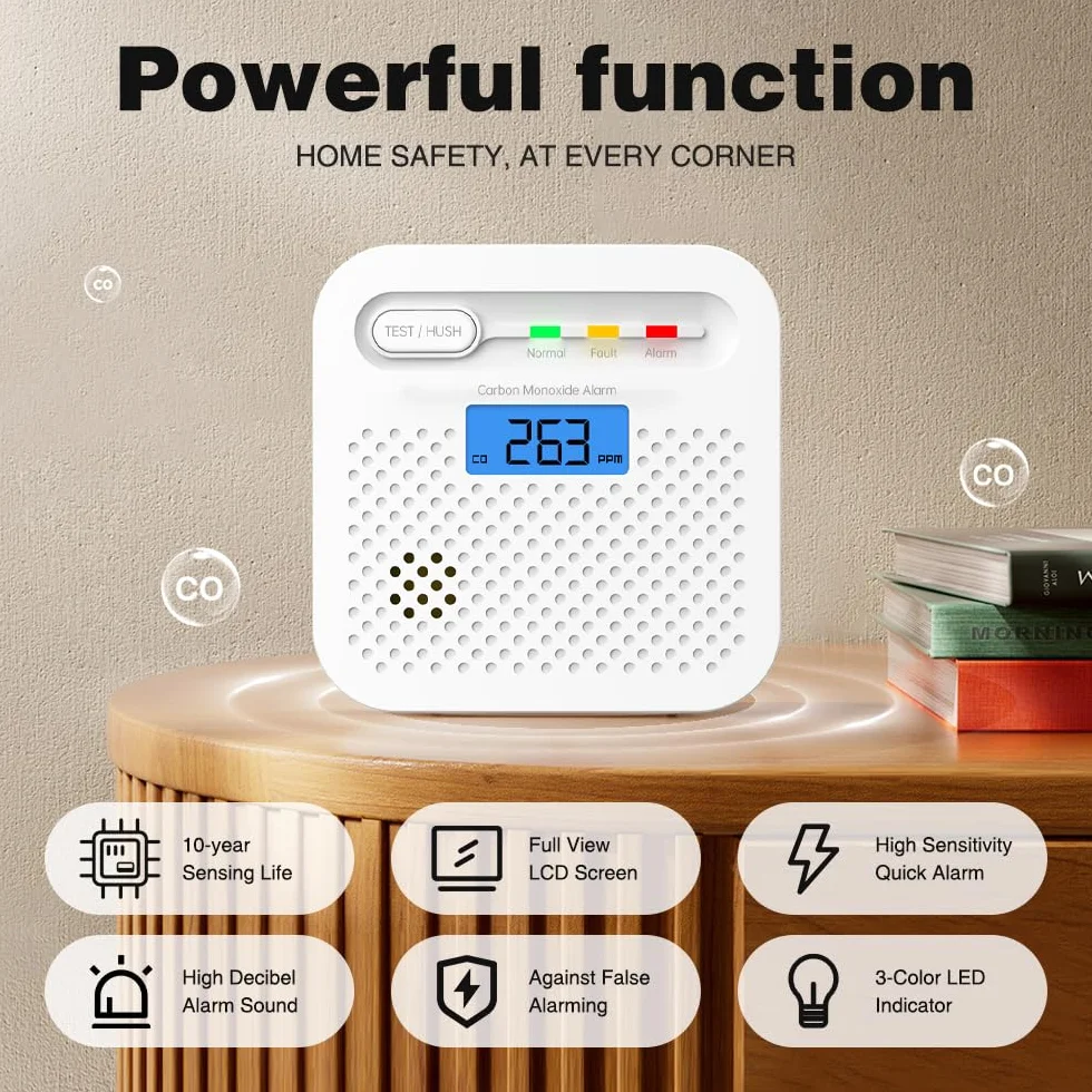 Detektor CO Detektor tlenku wegla WiFi 10-etnia bateria, powiadomienia push wczasie rzeczywistym za posrednictwem aplikacji bezpieczenstwa Tuya &SmartLife, alarm 85 dB, cyfrowy wy$wietlacz LCD (1Pack)