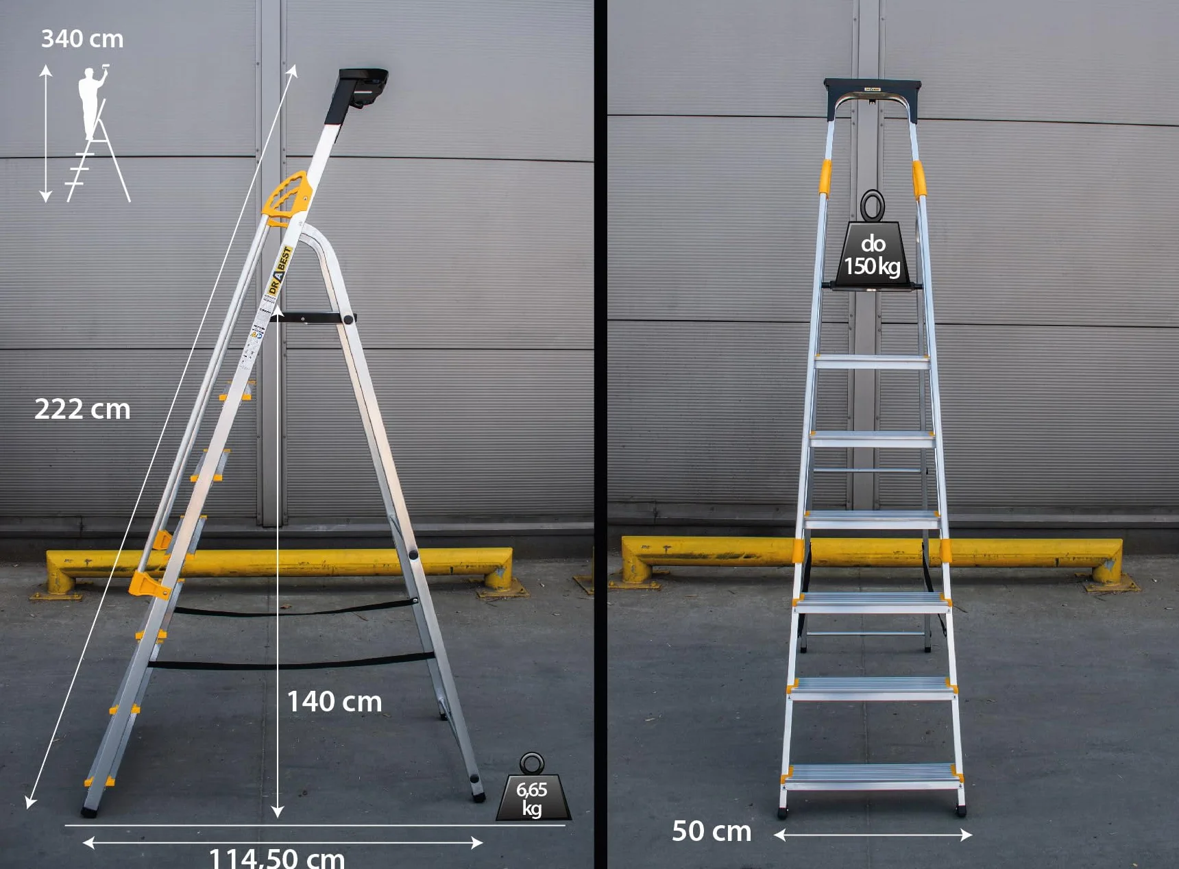 Drabest SERIA PRO 7-Stopniowa Aluminiowa Drabina Domowa Z Poręczami 150 KG - Drabina Aluminiowa - Drabiny Wielofunkcyjne - Składana Drabina Składana - Drabiny Aluminiowe - 50 X 217 X 12 Cm
