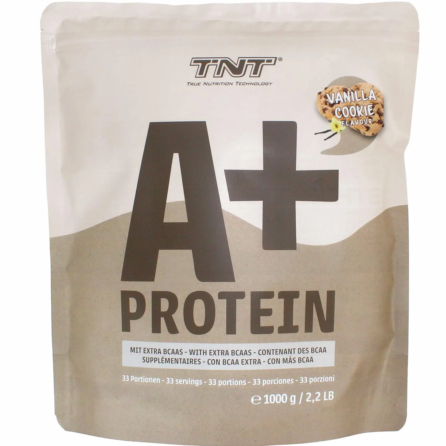 TNT A+ proszek białkowy wegański (1 kg) • wegański shake proteinowy • 33 porcje • 22,8 g białka na porcję • bogaty w BCAA + leucynę • roślinny proszek proteinowy • Made in Germany • Vanilla-Cookie