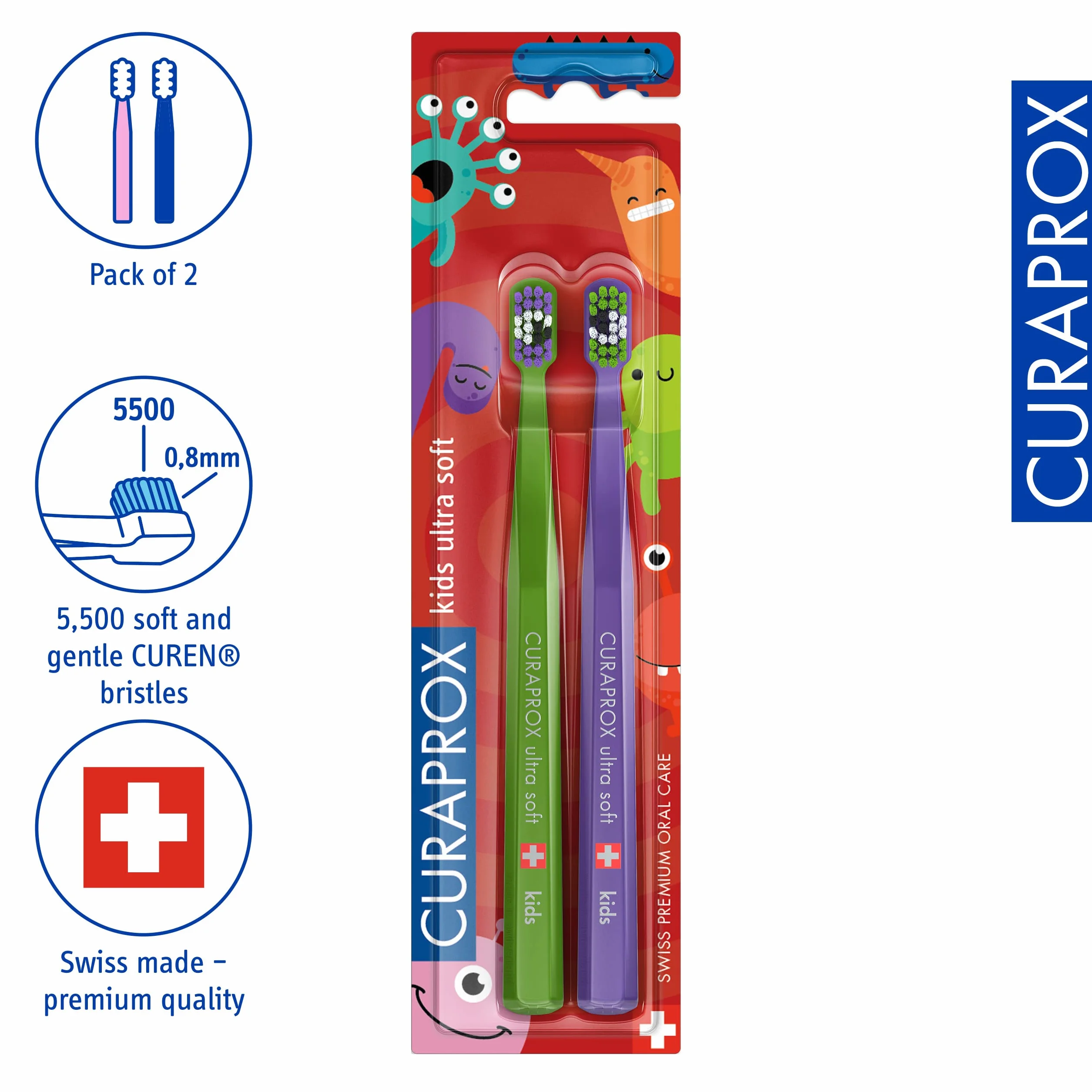 Curaprox CS Kids ręczna szczoteczka do zębów, edycja specjalna: Little Bacterias, 2 sztuki, ultra miękka szczoteczka do zębów dla dzieci