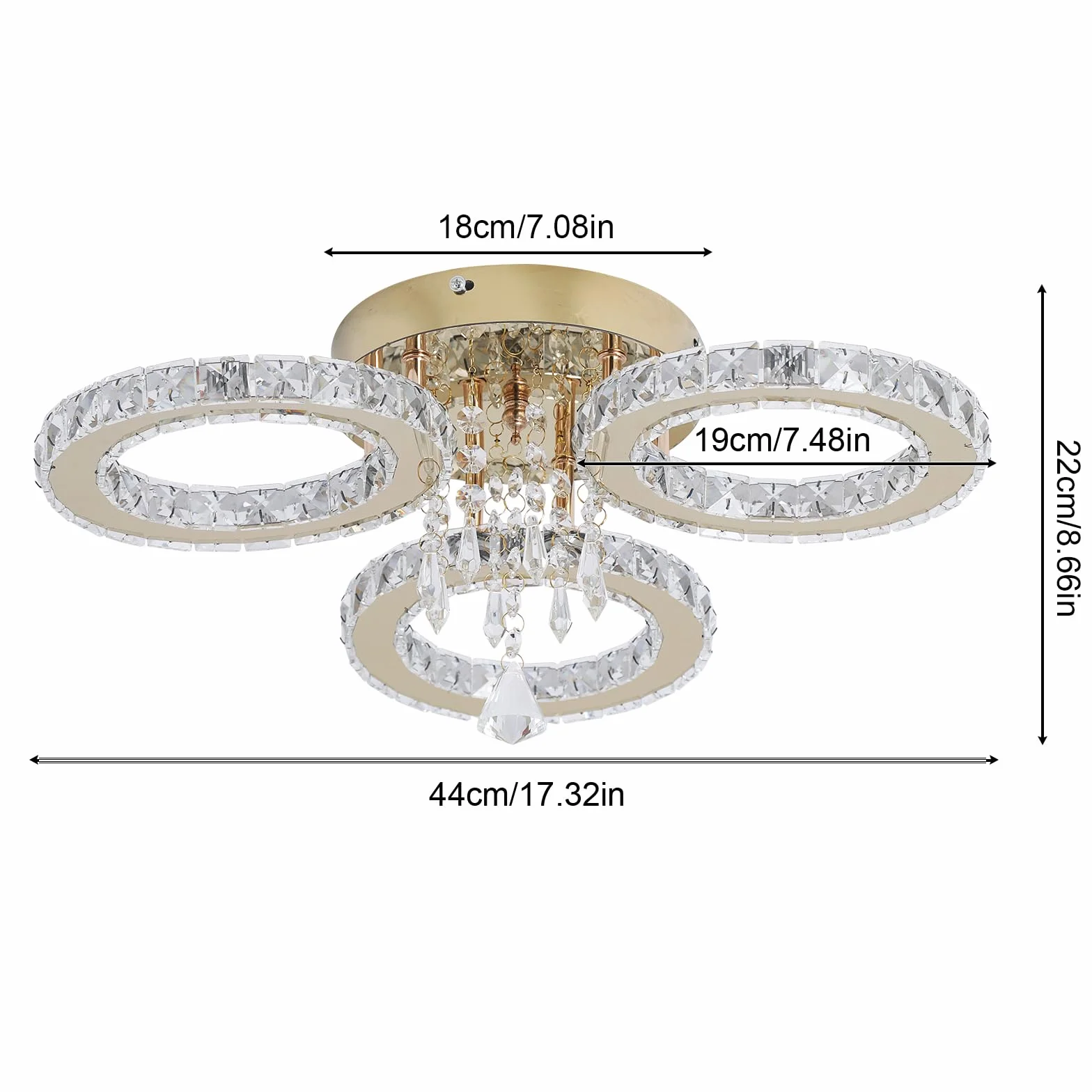 VETRULUS Nowoczesny LED‑żyrandol kryształowy – Złota lampa sufitowa z 3 pierścieniami, ściemnialna, do sypialni, jadalni, korytarza