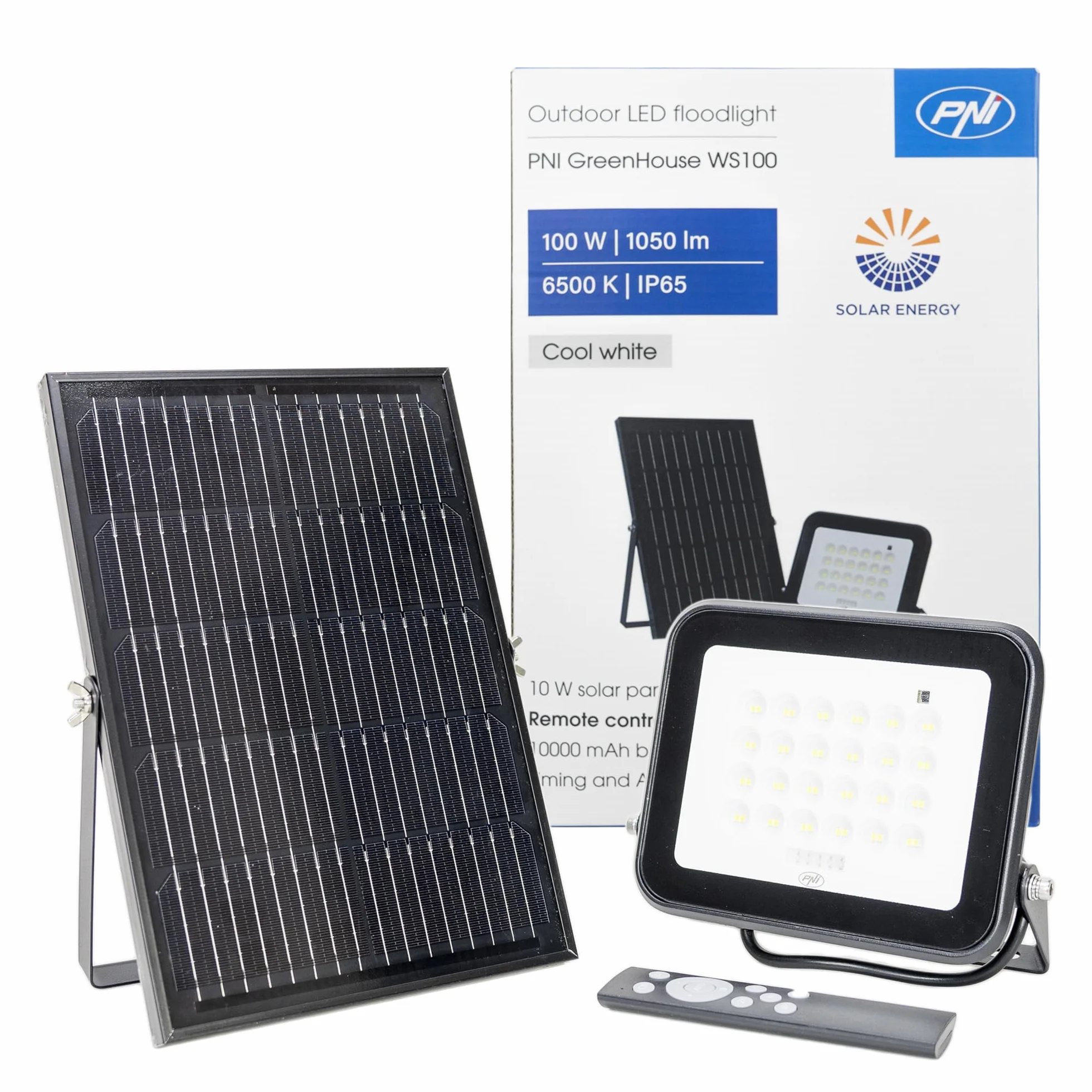 PNI GreenHouse WS100 reflektor LED 100 W z panelem słonecznym, akumulator 10 000 mAh, pilot zdalnego sterowania, regulowany timer i jasność, 6500 K, IP65
