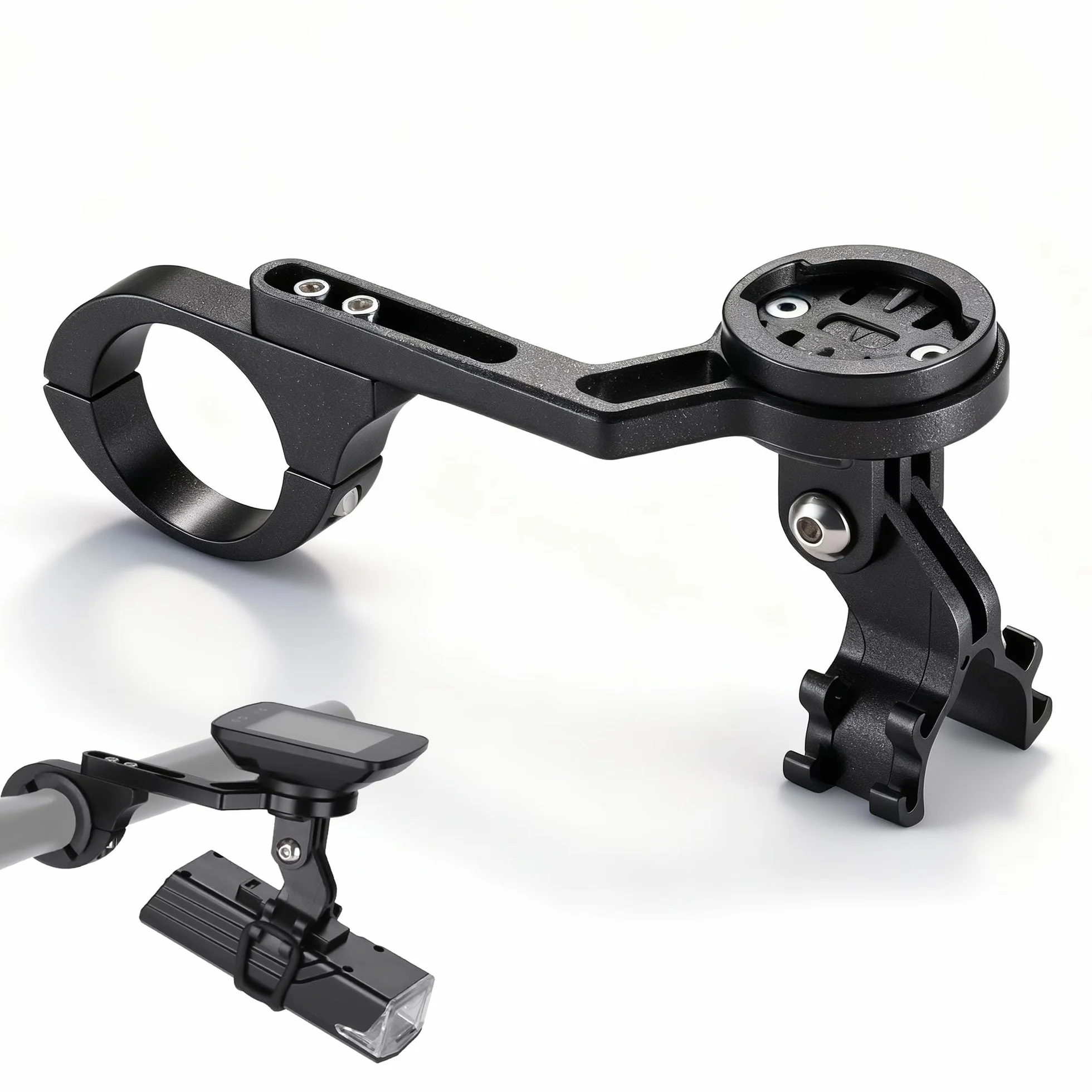 Przedni uchwyt rowerowy kompatybilny z Garmin i Bryton, uchwyt rowerowy do komputera rowerowego z regulowanym uchwytem na światło, uchwyt kierownicy 20-40 mm, czarny