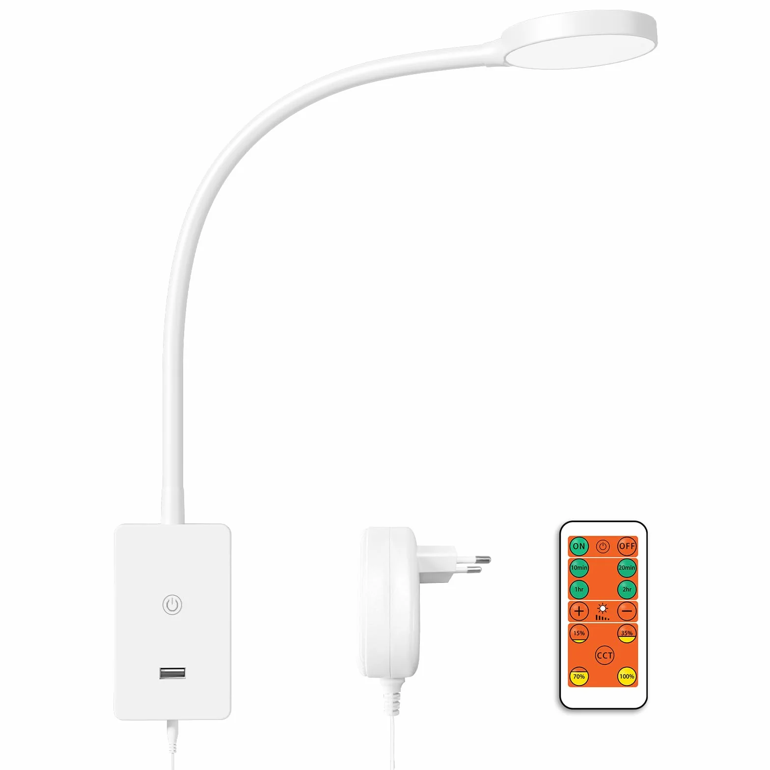 ENUOTEK Kinkiet Do Czytania LED Do Sypialni Na Stolik Nocny Z Pilotem, Ścienna Elastyczna Lampa Do Czytania Z Portem USB 5V2A, Stopniowa Regulacja, 3X Kolory Oświetlenia, Timer Automatyczne Wyłączanie