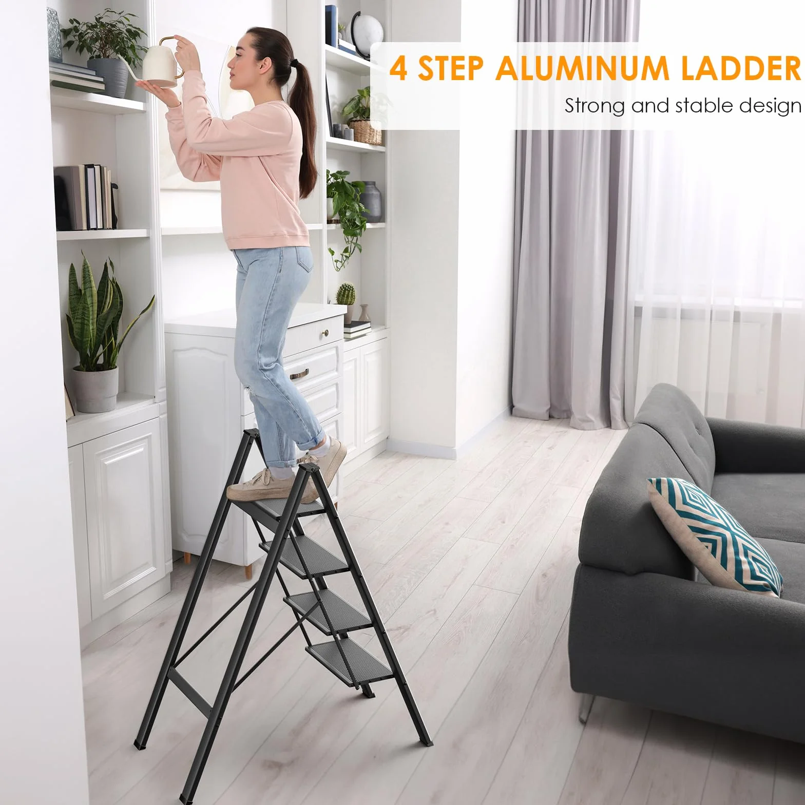 LIFERUN Aluminiowa drabina z 4 stopniami, składana, antypoślizgowa, drabina stojąca, wielofunkcyjna, łatwa do przechowywania, obciążenie do 150 kg, do kuchni, domu, na zewnątrz, do biura, czarna