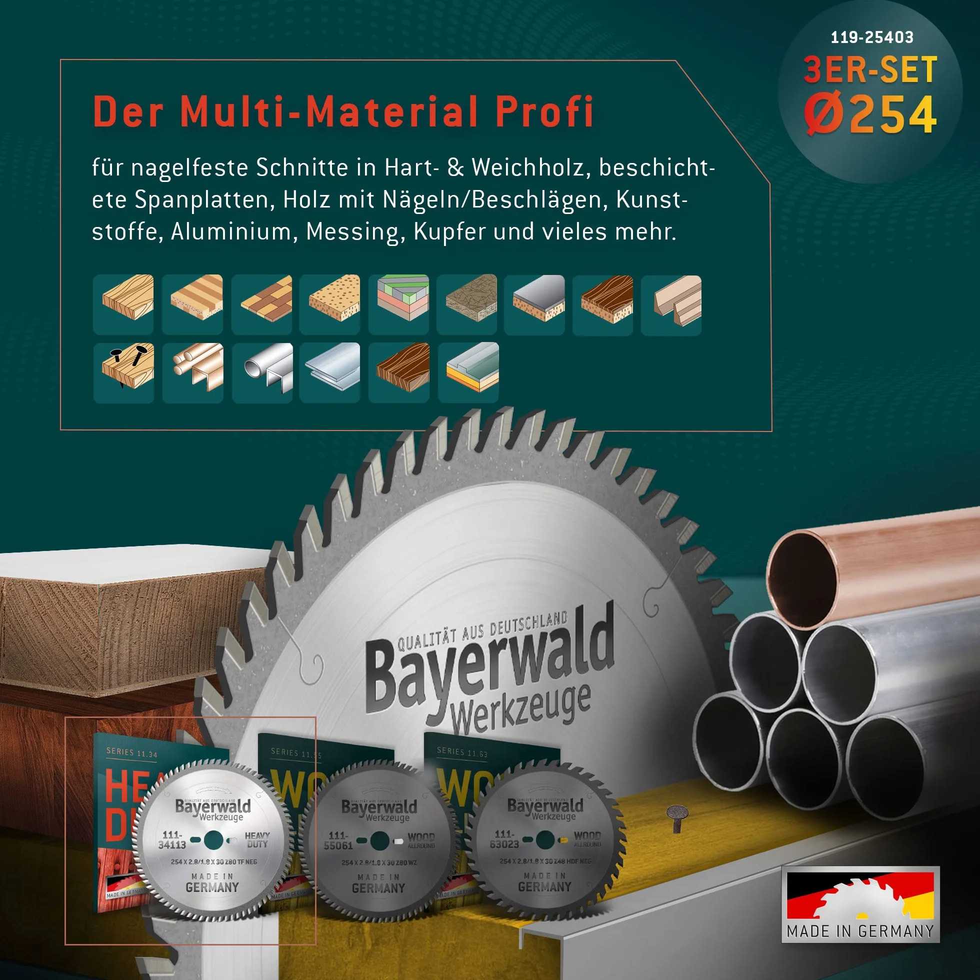 Bayerwald zestaw brzeszczotów do piły tarczowej Ø 254 (3-częściowy) – do aluminium, materiałów drewnopochodnych i tworzyw sztucznych – kompatybilny np. z Bosch GTS – PTS 10 / Metabo TK250 i więcej