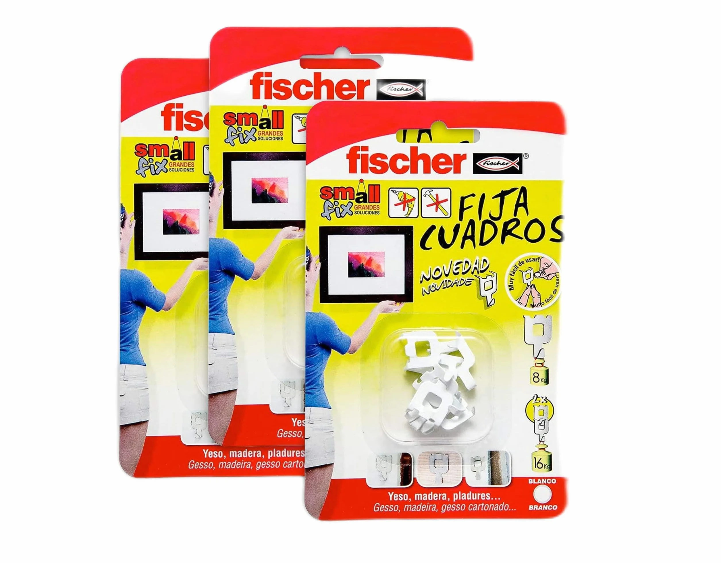 fischer - Stałe ramy | Haczyki wielokrotnego użytku bez otworów | Do 8 kg na sztukę | Idealny do płyt gipsowo-kartonowych i drewna | Montaż bez użycia narzędzi | 3 opakowania po 8 sztuk (łącznie 24) |