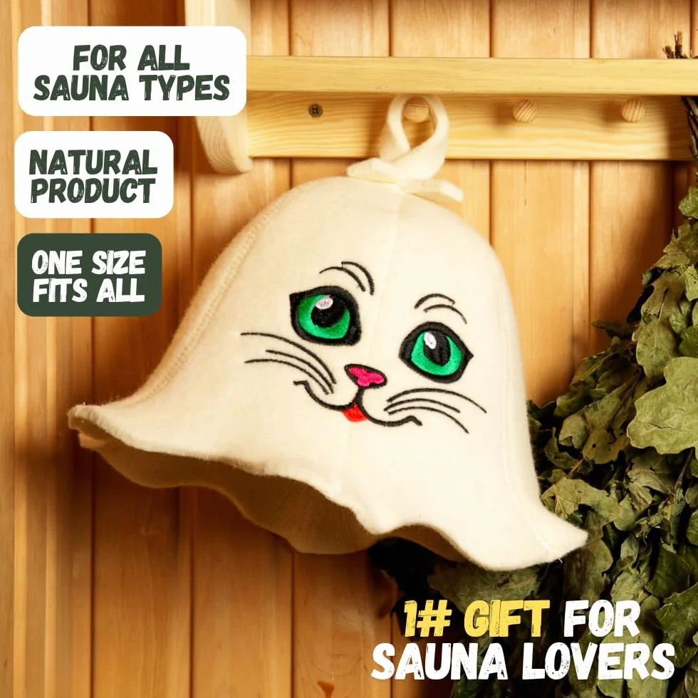 Tkaniny naturalne Sauna Hat 'Sauna Kitten' White - 100% Organic wełniane kapelusze dla rosyjskiej Bania - Protect Your Head od ciepła - English Sauna eBook Przewodnik w cenie - z haftem