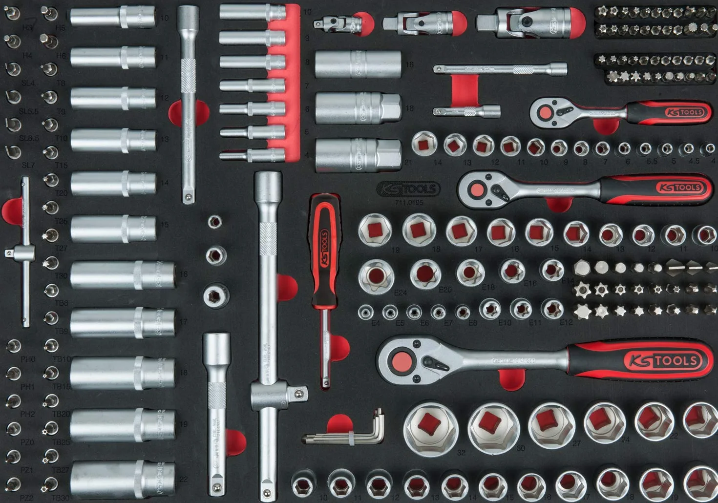 KS Tools 897.7598 ECOline CZARNY/CZERWONY wózek warsztatowy z 7 szufladami i zestawem narzędzi Premium, 598 części