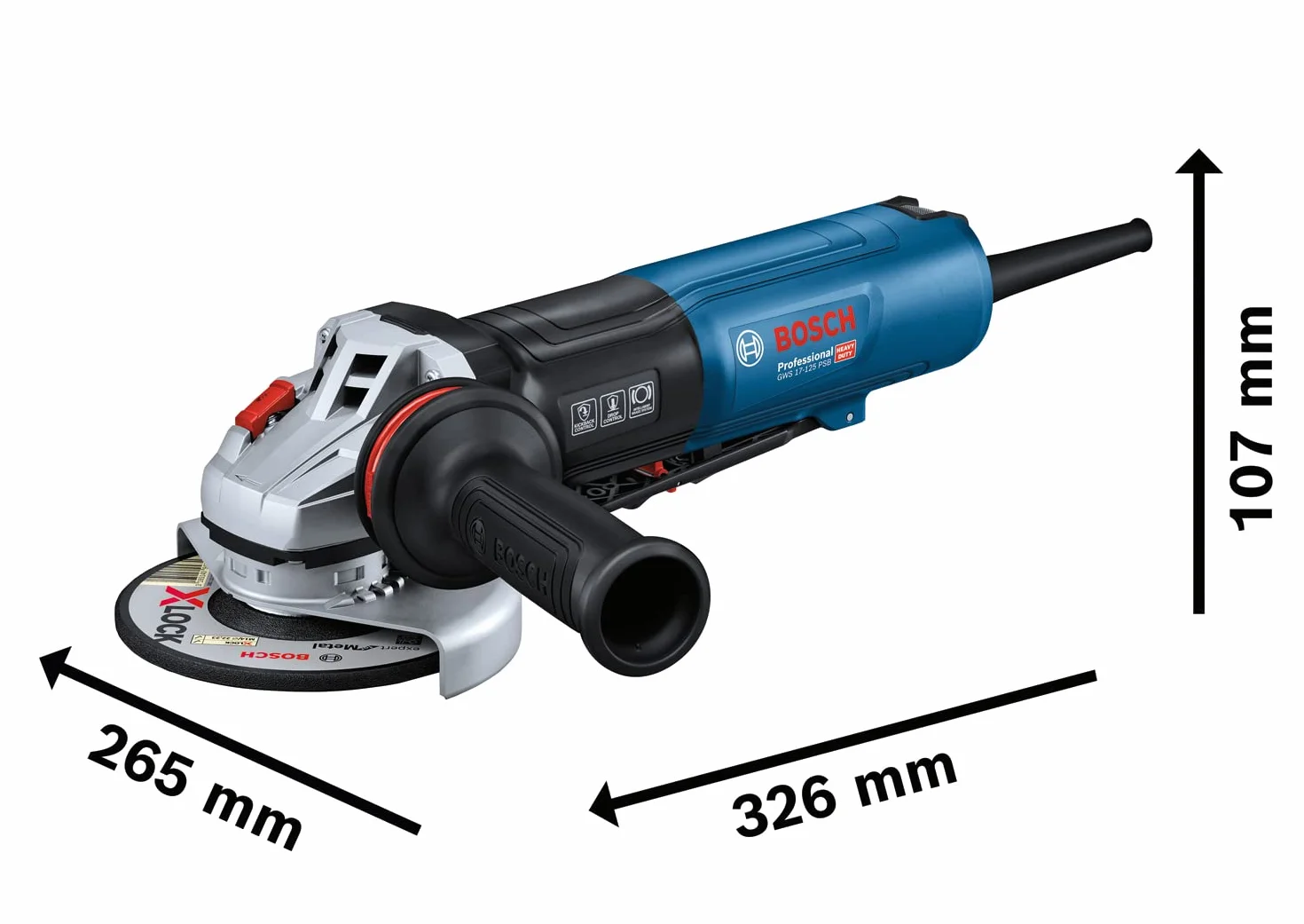 Bosch Professional: szlifierka kątowa GWS 17-125 PSB (przełącznik ochronny, nakrętka szybkomocująca SDS, filtr przeciwpyłowy, pokrywa ochronna i zamykana pokrywa ochronna)