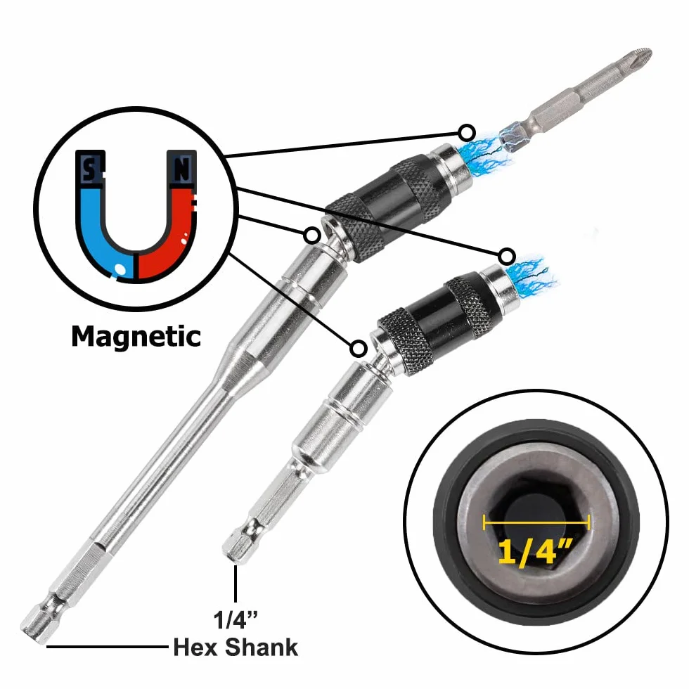 Przedłużka do długich wierteł, 1/4 "Hex Shank Magnetyczna obrotowa końcówka wiertła śrubowego 88-145 mm Pręt przedłużający z blokadą 2 szt(Silver,145mm)