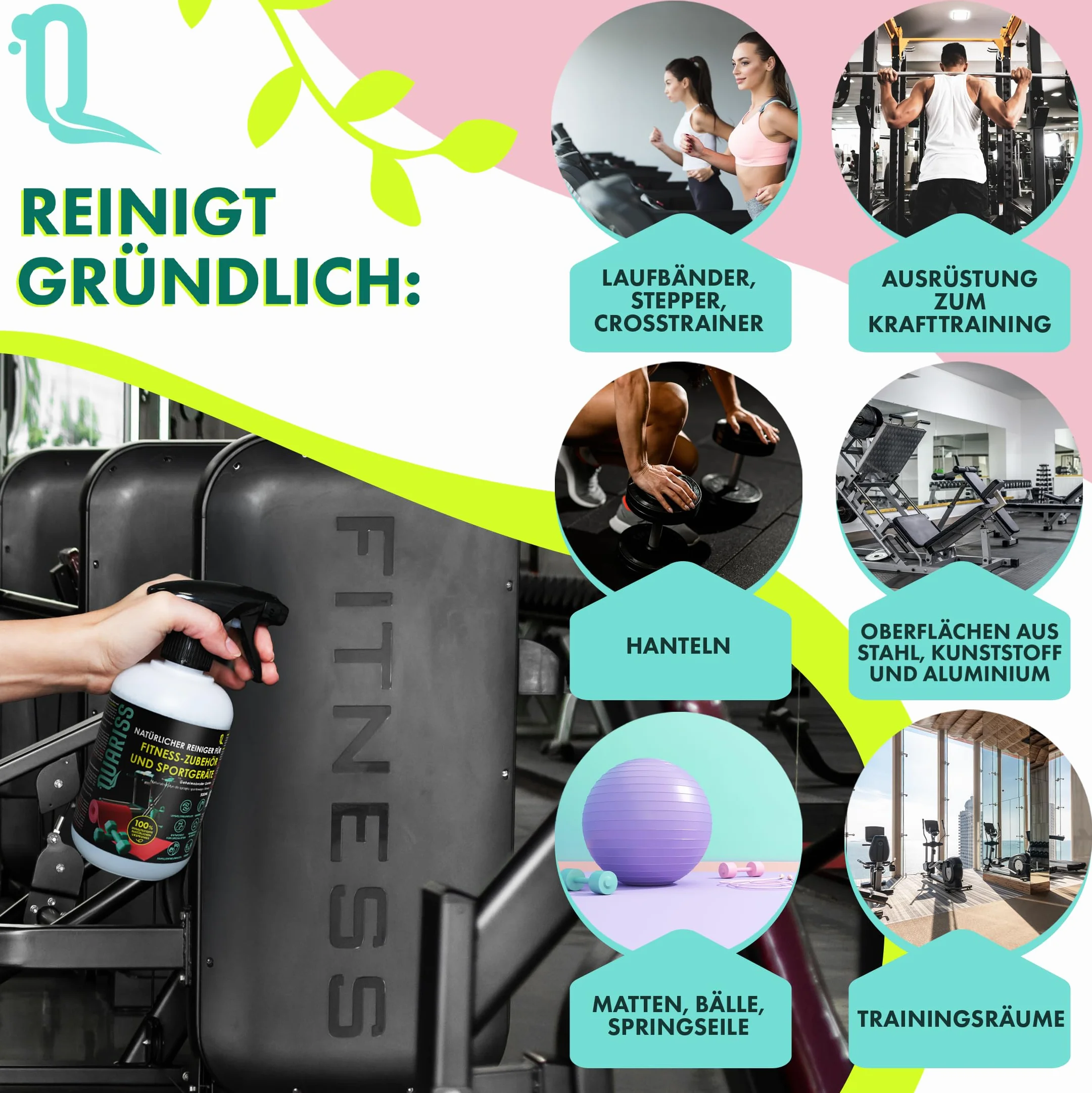 100% Naturalny środek czyszczący do akcesoriów fitness i sprzętu sportowego - Maty - Wodoodporne powierzchnie Zrównoważony i wegański 0,5 litra