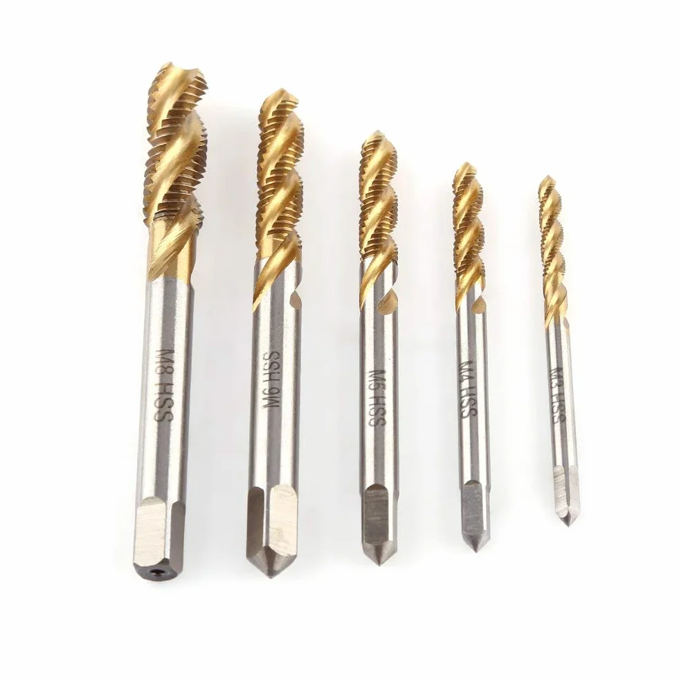 5 pcs Gewindebohrer Set Titan Beschichtet HSS Schraube Sechskantschaft Senker Werkzeuge Spiralnut Gewinde Schneiden Gewindebohrer M3 M4 M5 M6 M8 für Holz Kunststoff Dünnes Aluminium