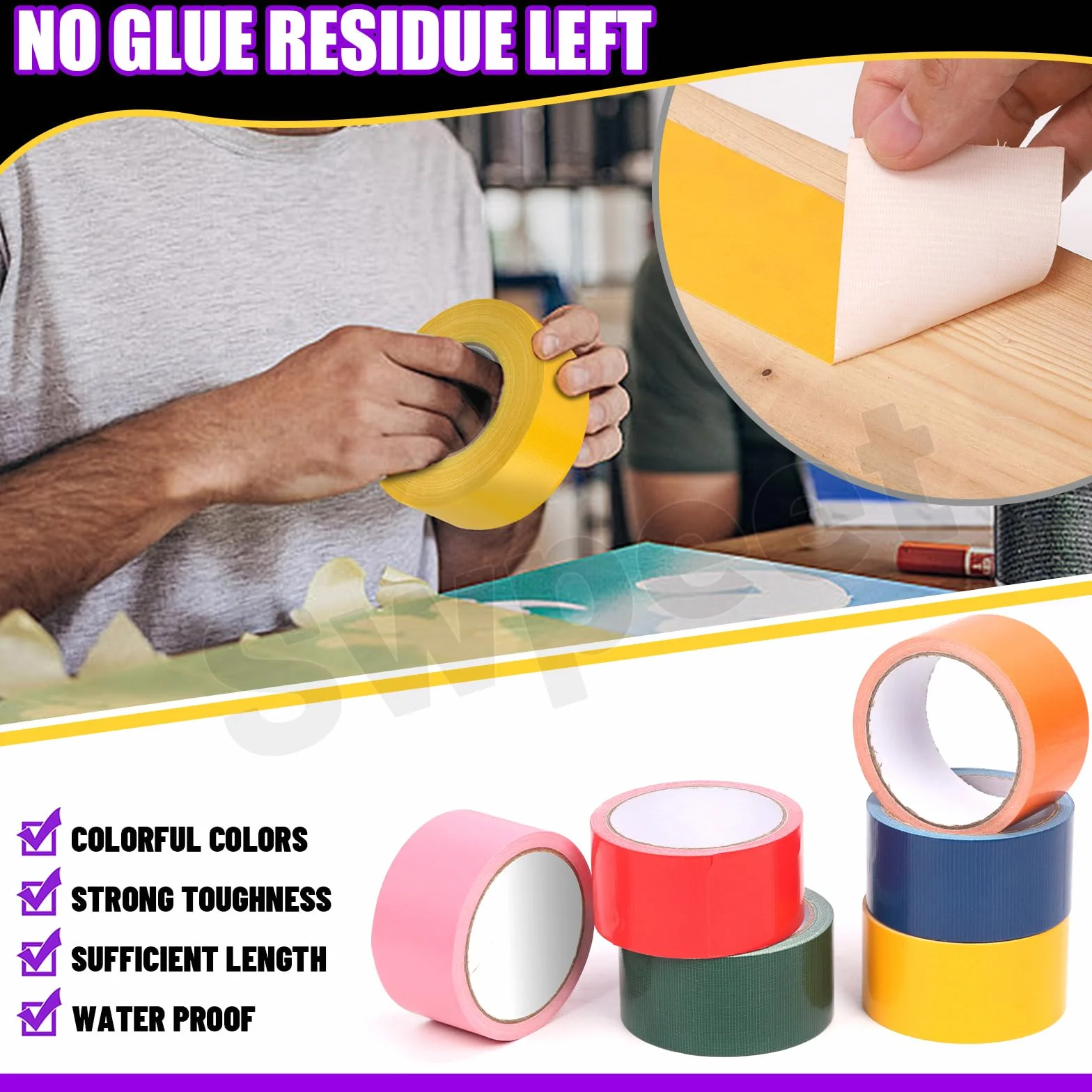Swpeet 6 rolek w 6 kolorach, 2 cale x 11 jardów – zestaw wodoodpornych, kolorowych taśm typu duct tape w tęczowych barwach, mocnych, bez pozostawiania śladów, łatwych do ręcznego rozerwania – idealnyc