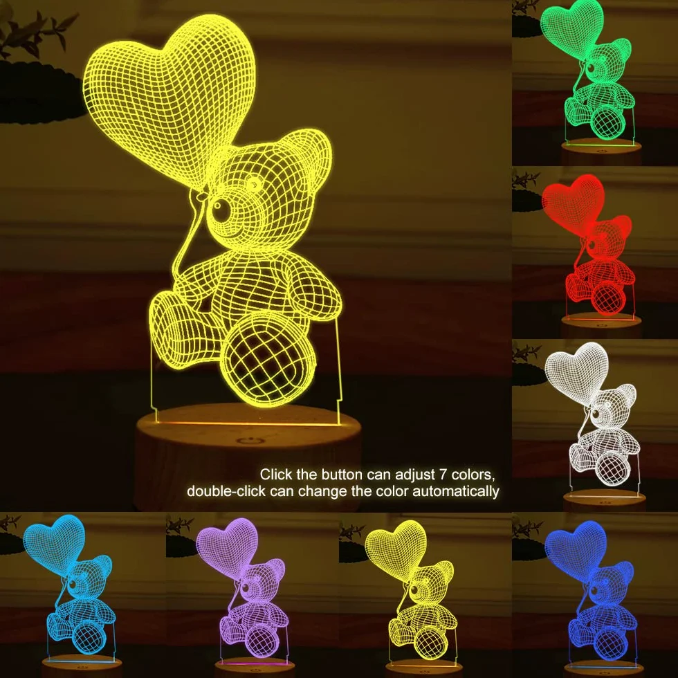 GEEKEO Lampa 3D w kształcie misia, dla kobiet, dzieci, lampka nocna, na walentynki, prezent dla kobiet, jubileusz, urodziny, zmiana kolorów, dekoracja dla mamy lub żony