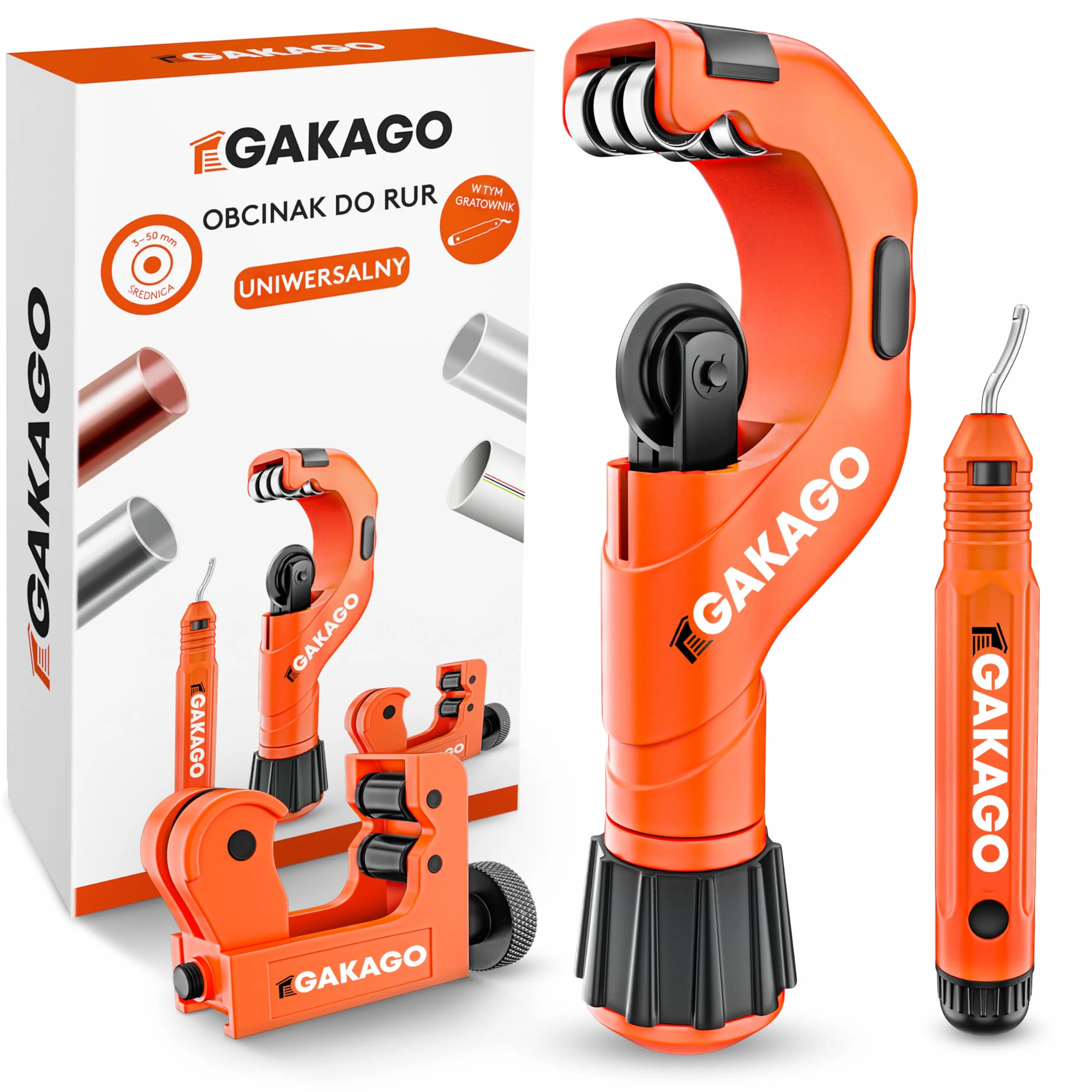 Gakago Zestaw obcinaków do rur 3-50 mm z gratownikiem - Wszechstronny obcinak do rur ze wszystkich popularnych metali, takich jak stal nierdzewna, miedź, aluminium, stal lub tworzywa sztuczne