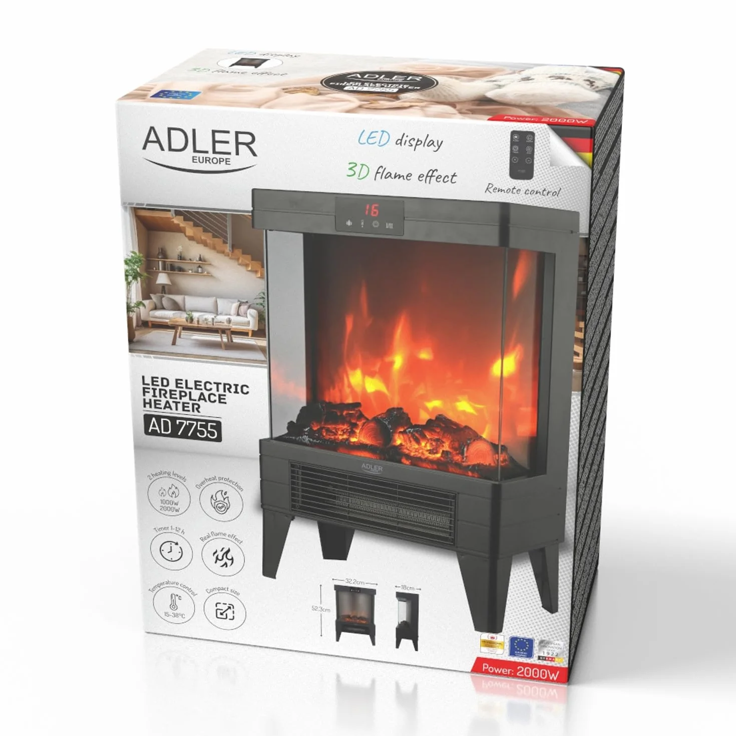 Adler AD 7755 elektryczny kominek LED 2000 W – efekt płomienia 3D, termostat 15–38°C, timer 1–12 godzin, ekran dotykowy, pilot zdalnego sterowania, nowoczesna przenośna konstrukcja, szkło hartowane