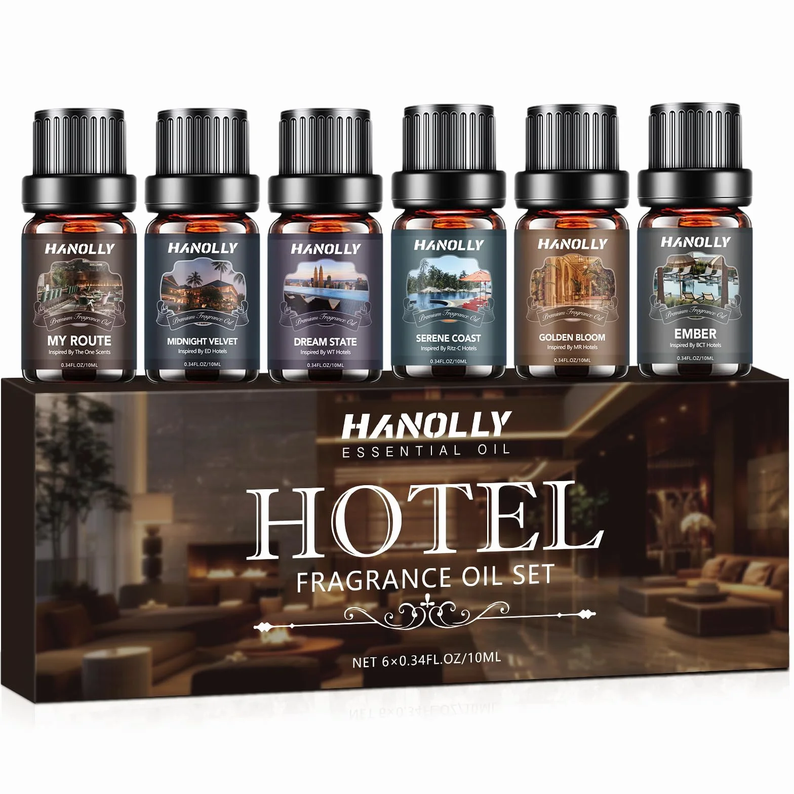 Hanolly Zestaw Olejków Eterycznych Hotel, 6 x 10ml Luksusowych Olejków Zapachowych Do Dyfuzorów – Moja Droga, Spokojne Wybrzeże, Aksamit Północy, Złoty Kwiat, Marzenie O Przyszłości, Żar