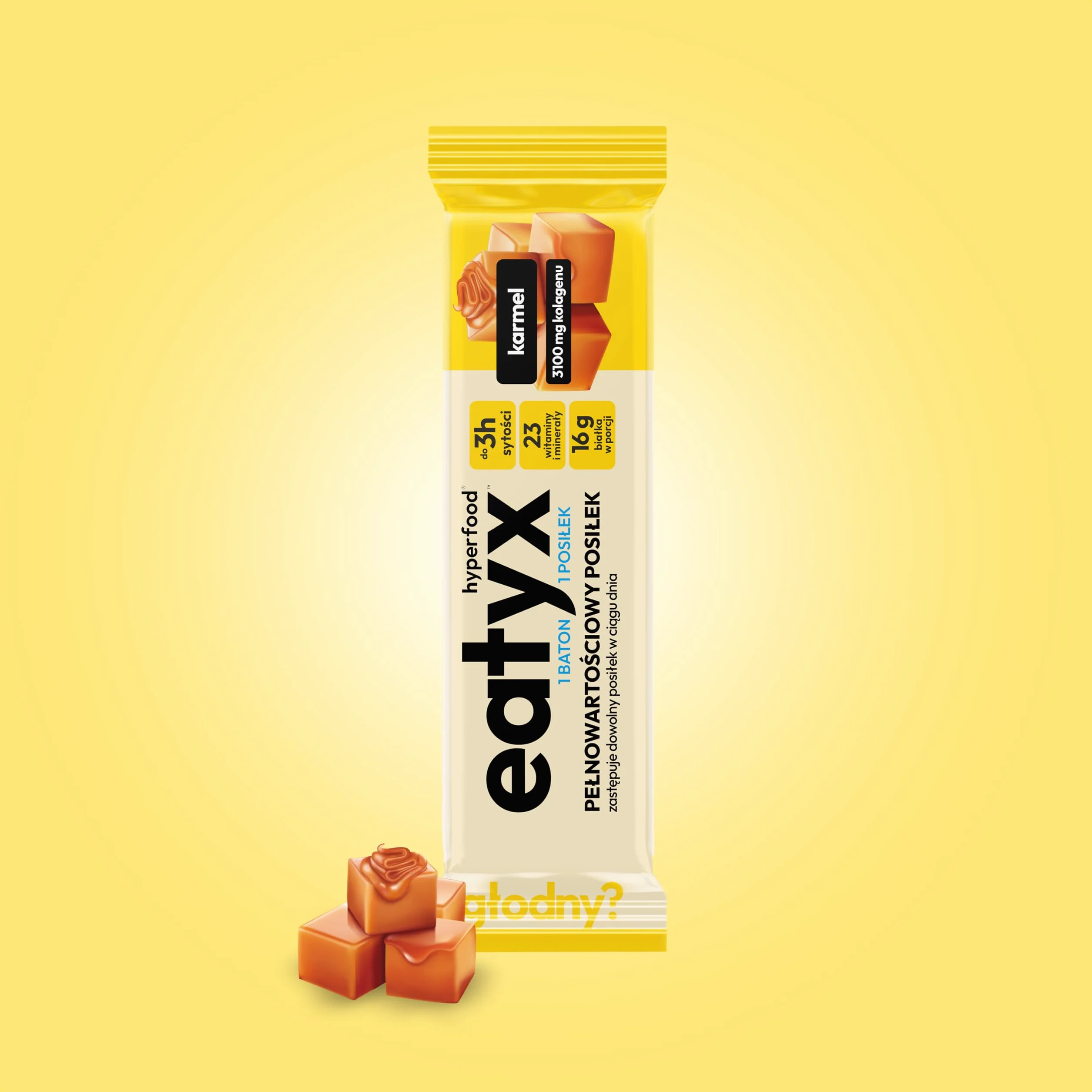 eatyx Baton Karmelowy I Pełnowartościowy Posiłek w Formie Batona I 60g I Źródło 3100 mg kolagenu I Bez cukru i konserwantów I Bez glutenu