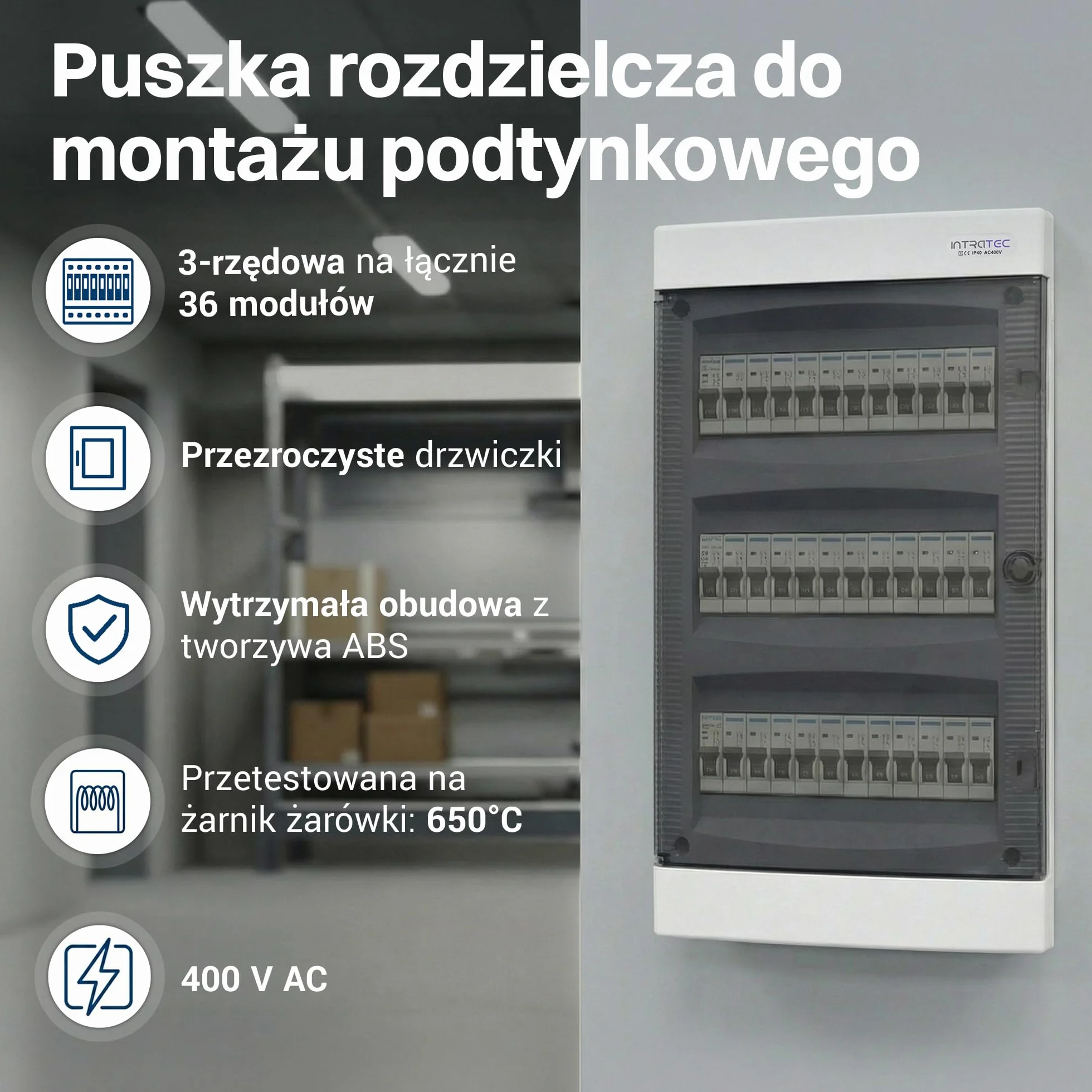 Intratec Skrzynka Rozdzielcza Podtynkowa 3 Rzędowa IP40 36 Modułów 482 x 283 x 106mm