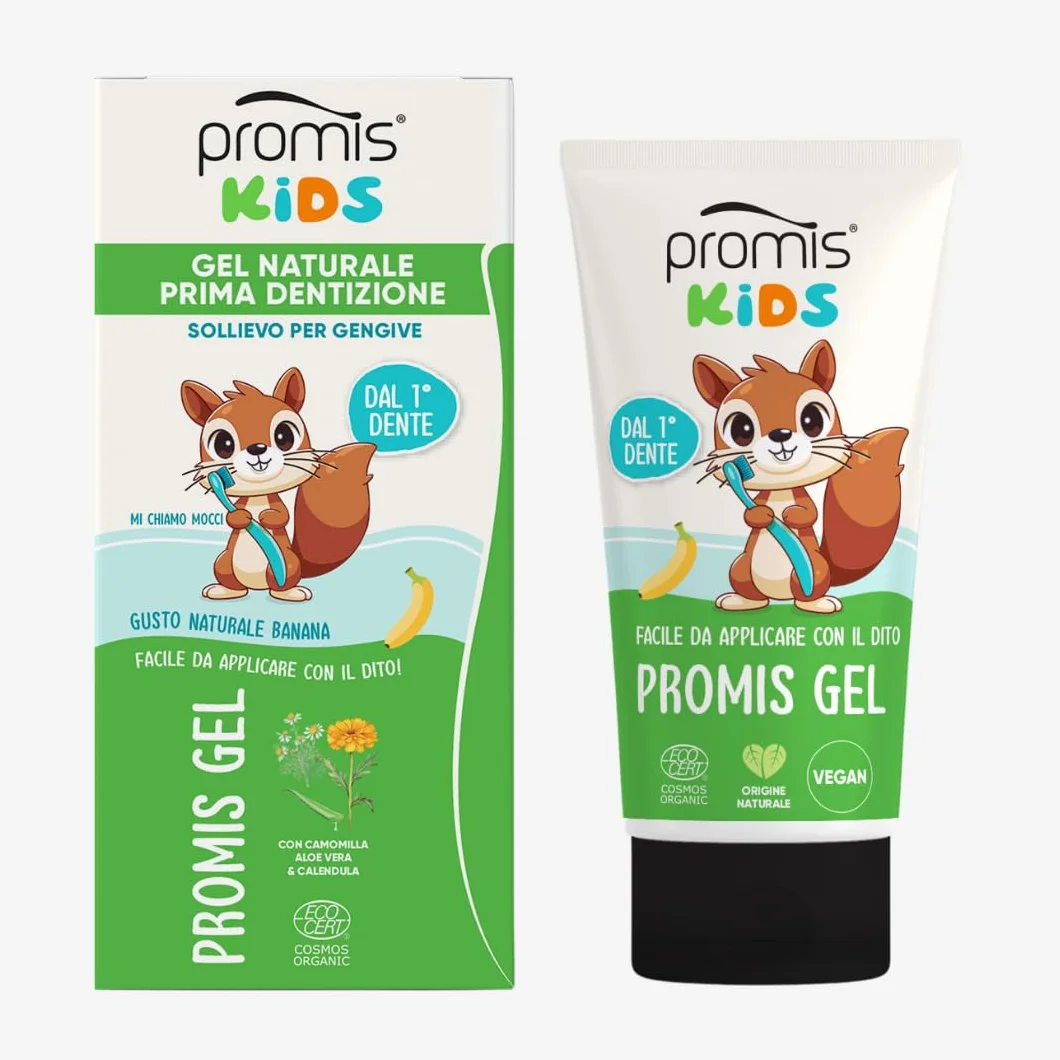 promis Żel dla dzieci - naturalne ząbkowanie noworodków, łagodzenie dziąseł z aloesem, rumiankiem, nagietkiem i kwasem hialuronowym, bezpieczny w przypadku spożycia, smak bananów, organiczny i