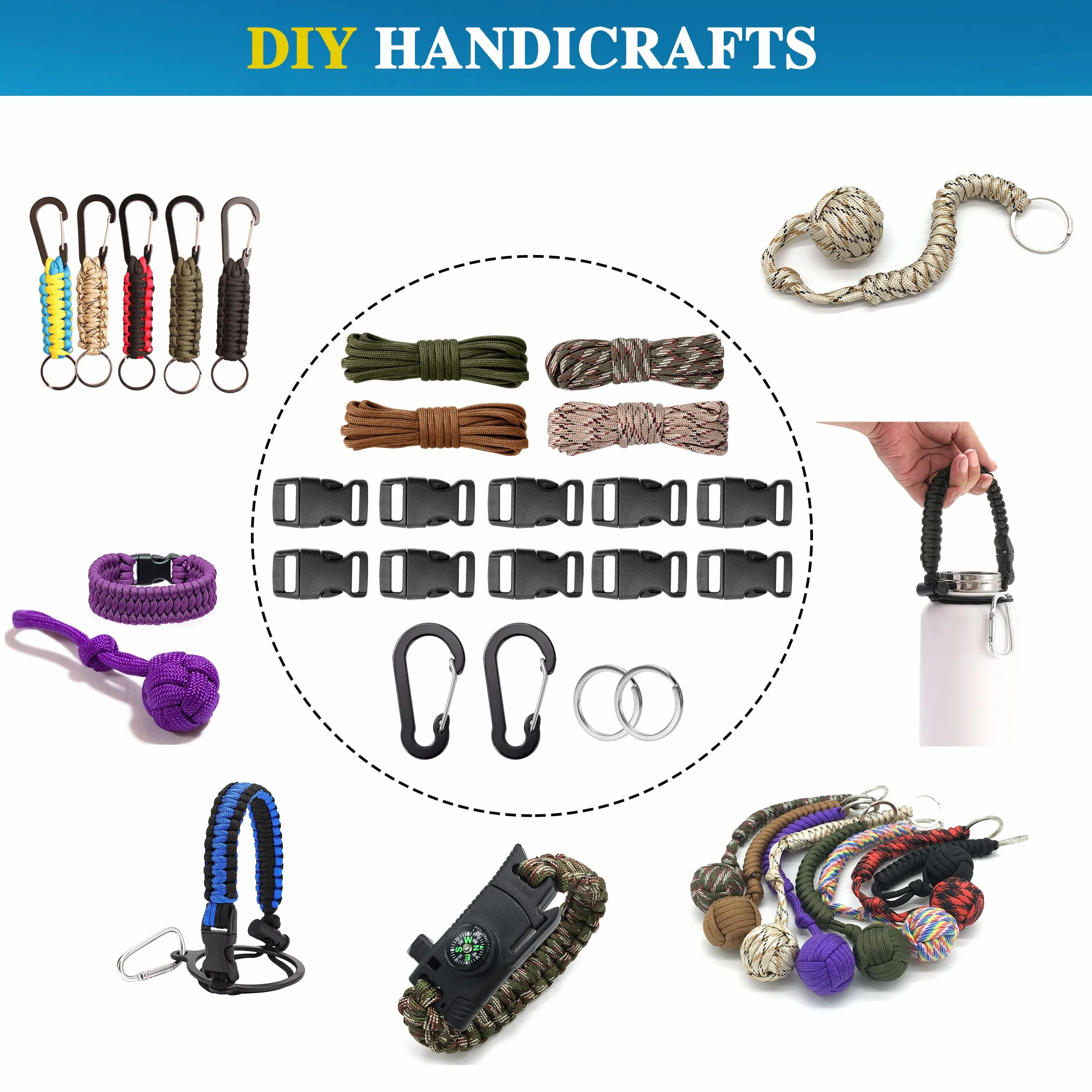 Zestaw Paracord, linka paracord, linka survivalowa typu "zrób to sam", linka spadochronowa, zestaw do rękodzieła z 10 klamrami odblokowującymi, 2 karabińczykami, 2 kółkami na klucze