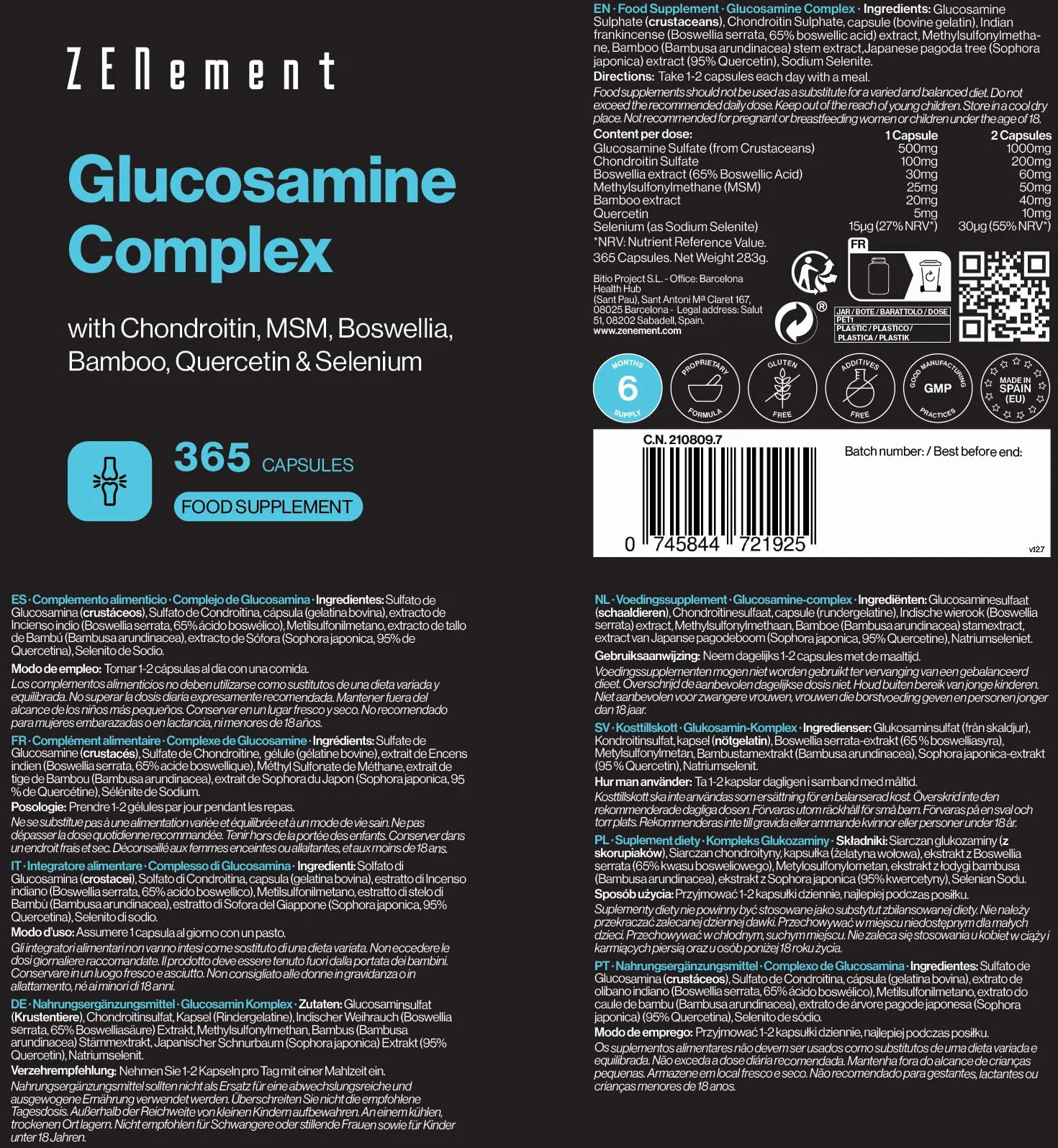 Glucosamine Complex with Chondroitin, MSM, Boswellia, Bamboo, Quercetin & Selenium - 365 Capsules, Non-GMO - Zenement