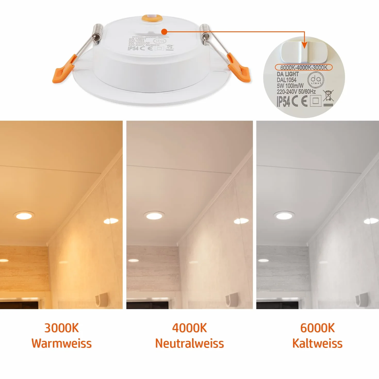 Reflektory LED wpuszczane 230 V płaski 5 W zestaw 6, DA LIGHT promienne światła, oświetlenie łazienkowe 3000/4000/6000K, sufit IP54 do salonu kuchni sypialni