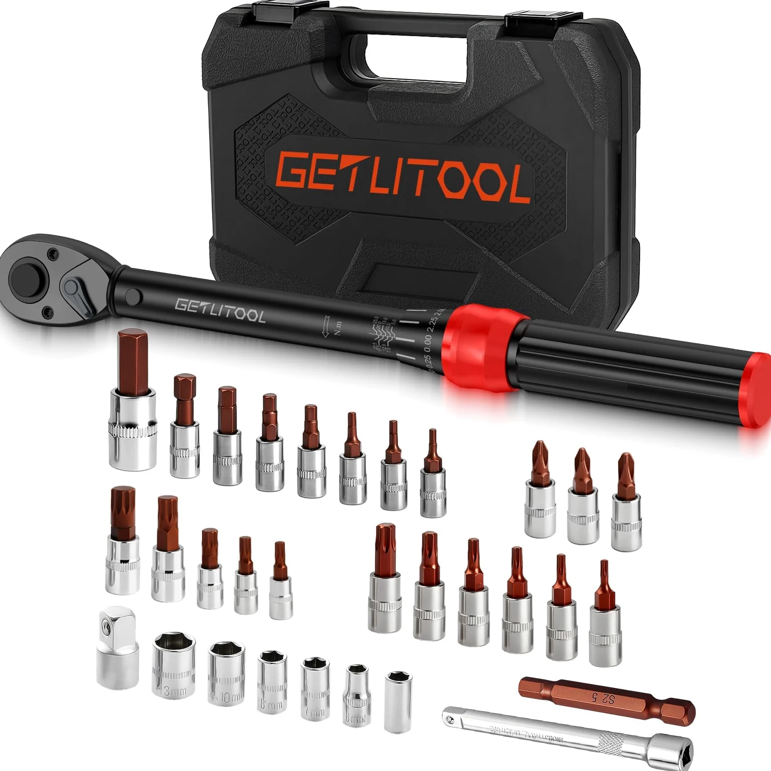 GETLITOOL 32 szt. zestaw kluczy dynamometrycznych 1/4" z 72 zębami, 5-25 Nm, stal CR-MO, z sześciokątnymi końcówkami torx Phillips XZN, kompasami, adapterami i walizką do roweru motocyklowego, funkcja