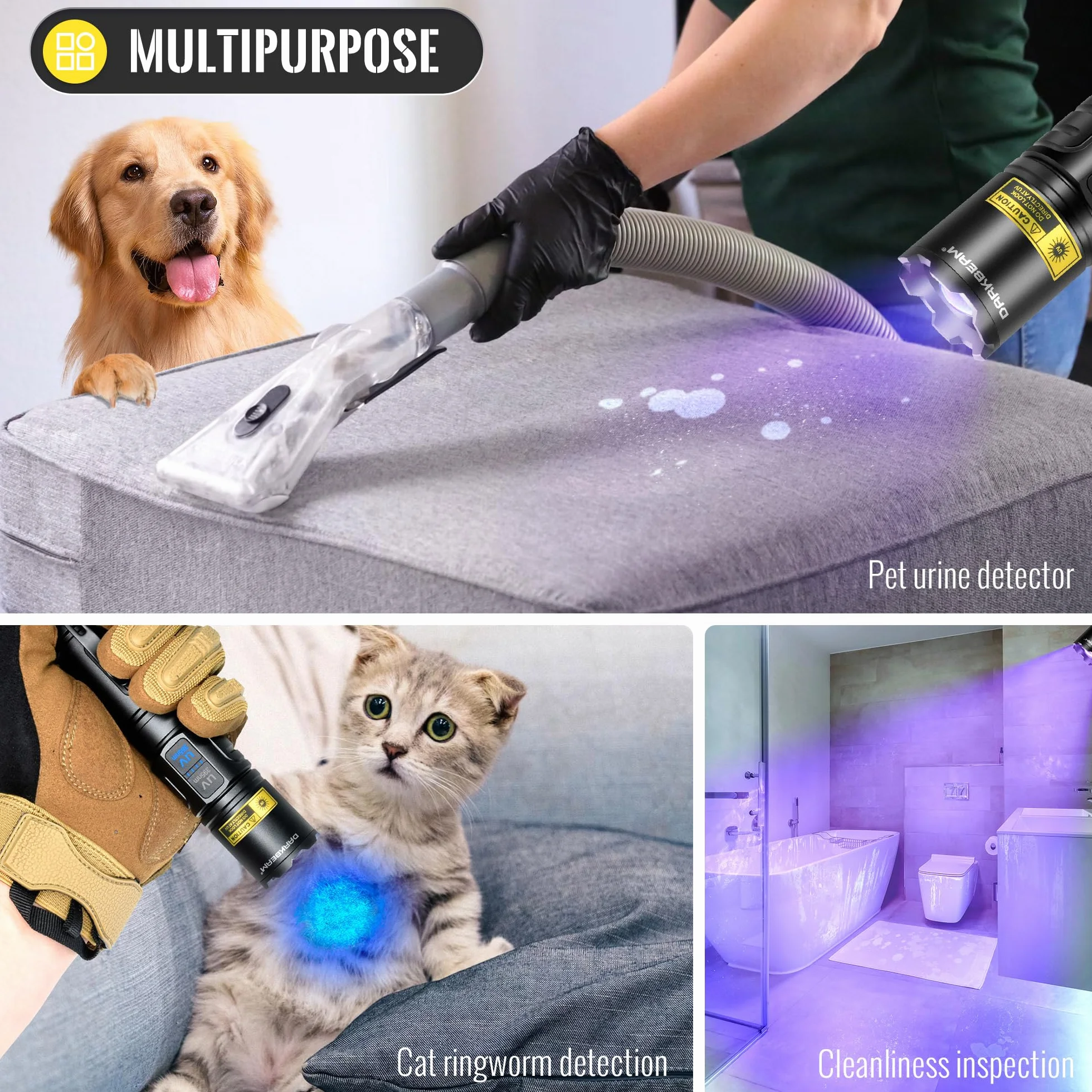 DARKBEAM Latarka UV Blacklight 365nm & 395nm Podwójne Czarne światło, Latarki LED USB ładowane Potężna Ultrafioletowe Woodsche Lampa moczu zwierząt domowych do szkła uranowego, utwardzania żywicy