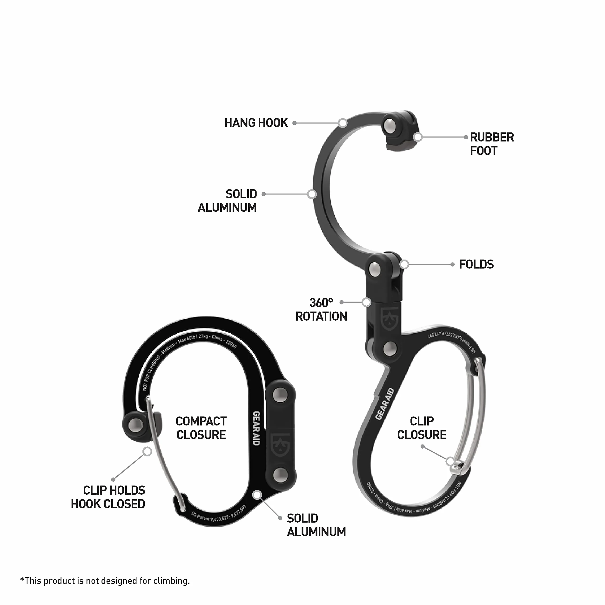 GEAR AID HEROCLIP karabińczyk i haczyk (duży, średni, mały) na kemping, plecak, walizkę, torebkę i do organizacji garażu, kolor czarny, różne rozmiary, 3 szt