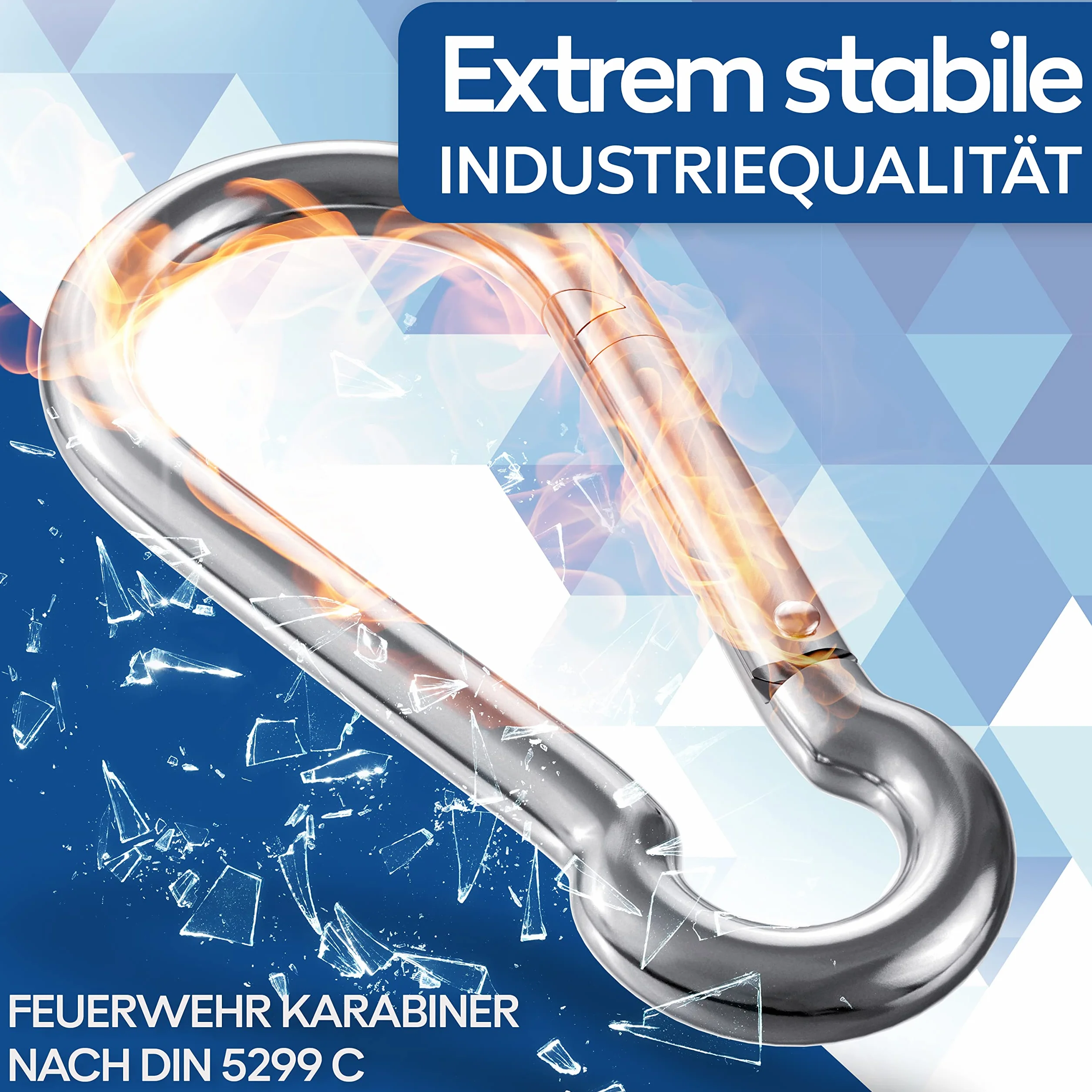 Karabińczyk ze stali nierdzewnej, zestaw 2 sztuk, 10 x 100 mm, karabińczyki DIN 5299, nierdzewne, z zamknięciem zatrzaskowym, nadają się jako breloczek do kluczy lub do dużych obciążeń i