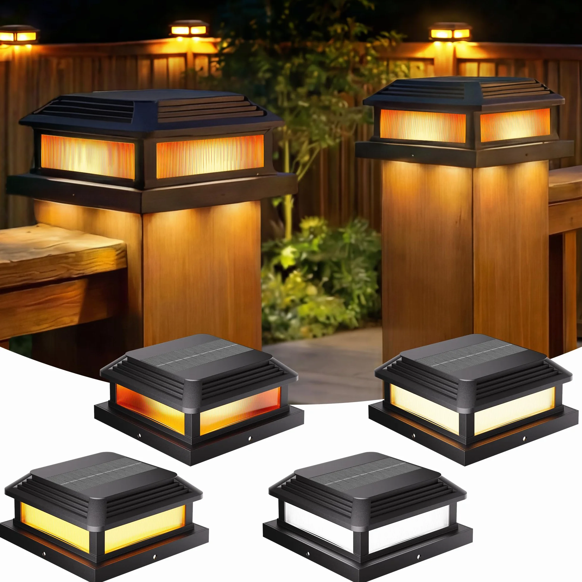 Quntis Zestaw 4 lamp solarnych na słupki ogrodzeniowe, lampy ogrodowe typu Flame z 5 trybami świecenia, lampy solarne na słupki o wymiarach – taras, patio, do ogrodu, podwórko, werandę i ścieżki