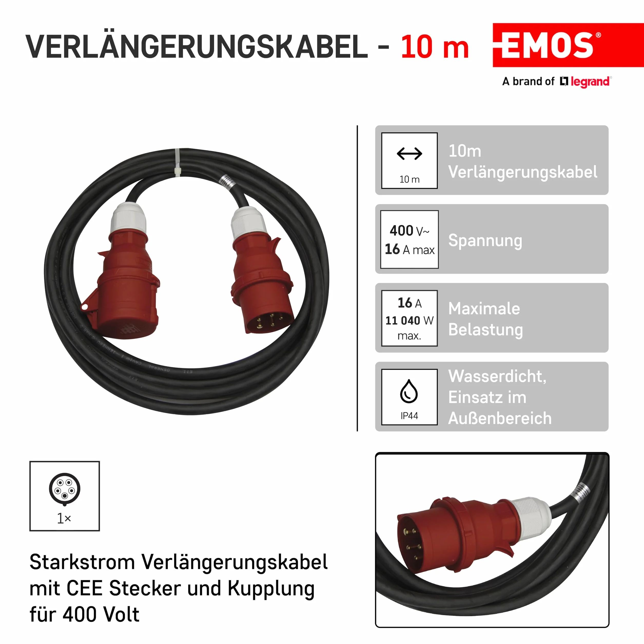 Kabel przedłużający CEE 5-biegunowy wtyk / 10 m / 5x 16 A / 400 V / 3-fazowy / 2,5 mm / IP44 / czarny