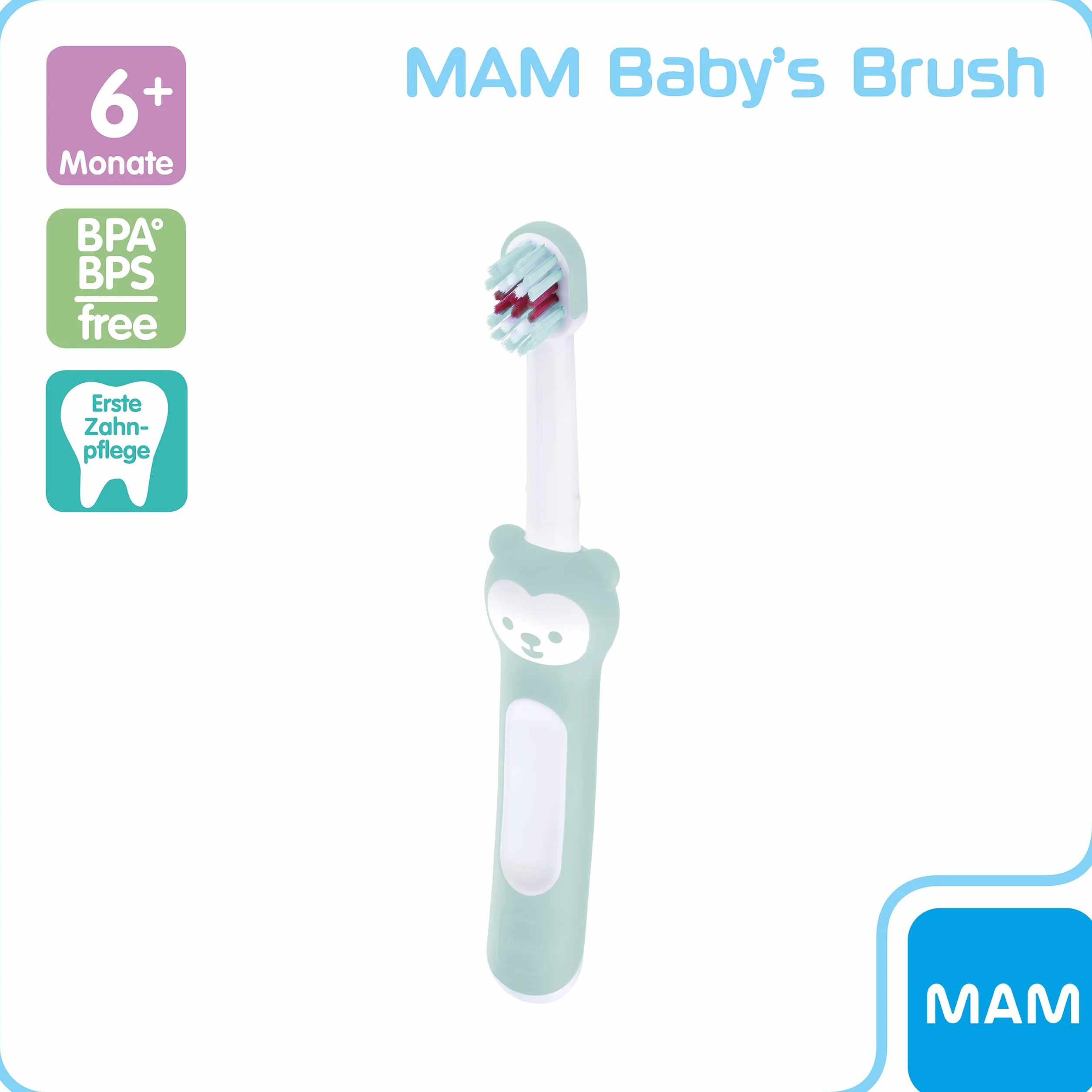 MAM Baby's Brush szczoteczka do zębów dla niemowląt z krótkim uchwytem do łatwego trzymania, szczoteczka do zębów dla dzieci do delikatnego czyszczenia zębów, od 6+ miesięcy, turkusowa, 1 sztuka (1