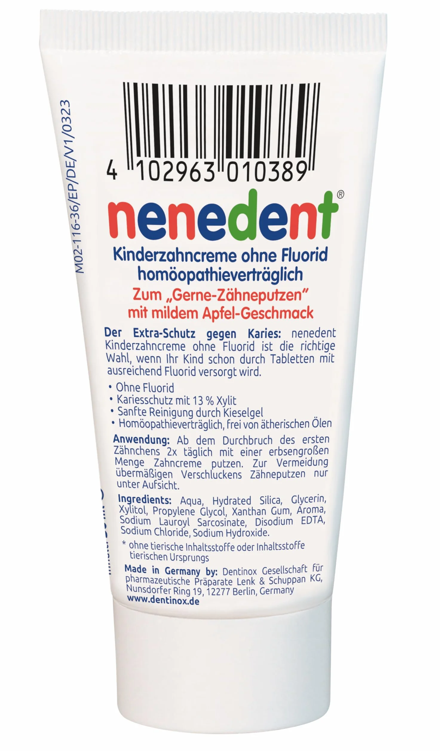 nenedent® Pasta do zębów dla dzieci bez fluorku | bez próchnicy zębów, również bez fluoru, dla dzieci w wieku 0-6 lat, 13% ksylitolu, 1 x 50 ml
