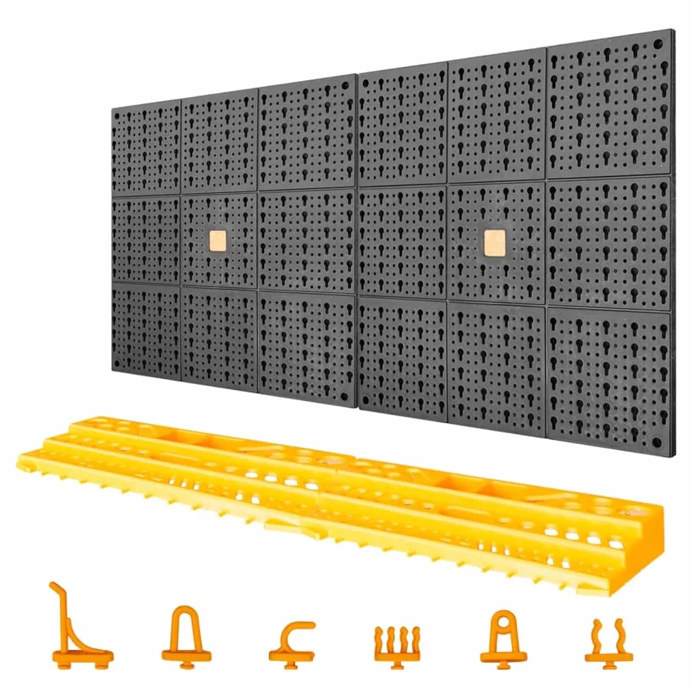 Ścianka narzędziowa 500 x 1000 mm z polipropylenu z 50 haczykami, 2 półki, czarna żółta ściana z otworami do warsztatu, garażu, piwnicy, przechowywania narzędzi dla majsterkowiczów i napraw