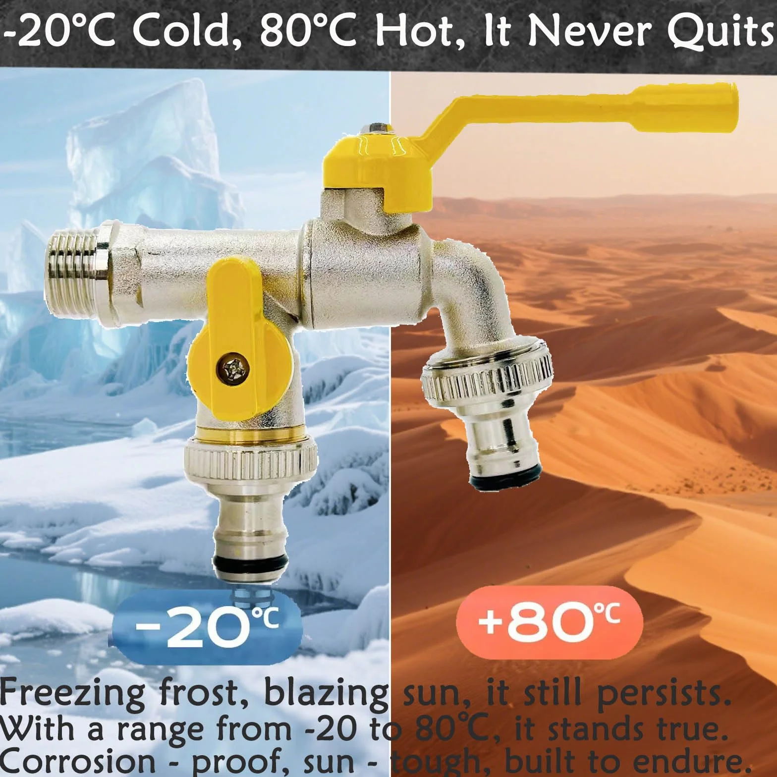 Brass Double Water Tap, 1/2 cala podwójny wylot ogrodowy Tap Antifreeze Double Output Faucets with 4 Connectors für Outdoor Garden Washing Machine Rain Barrel Household Industry (Yellow)