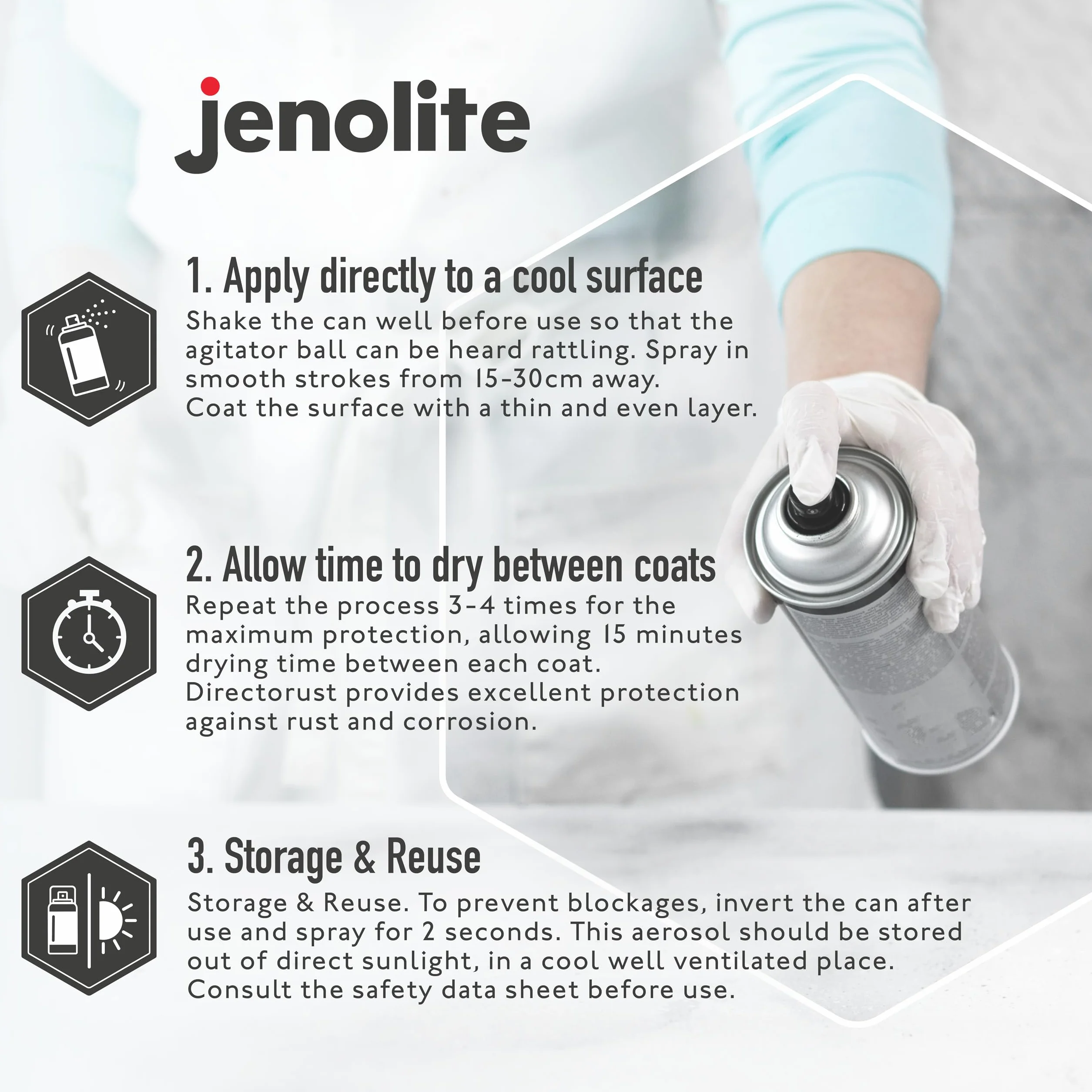 JENOLITE Directorust Farba w sprayu z połyskiem, biała, 3 x 400 ml, farba w sprayu do metalu, metalu, tworzywa sztucznego, ceramiki, RAL 9016