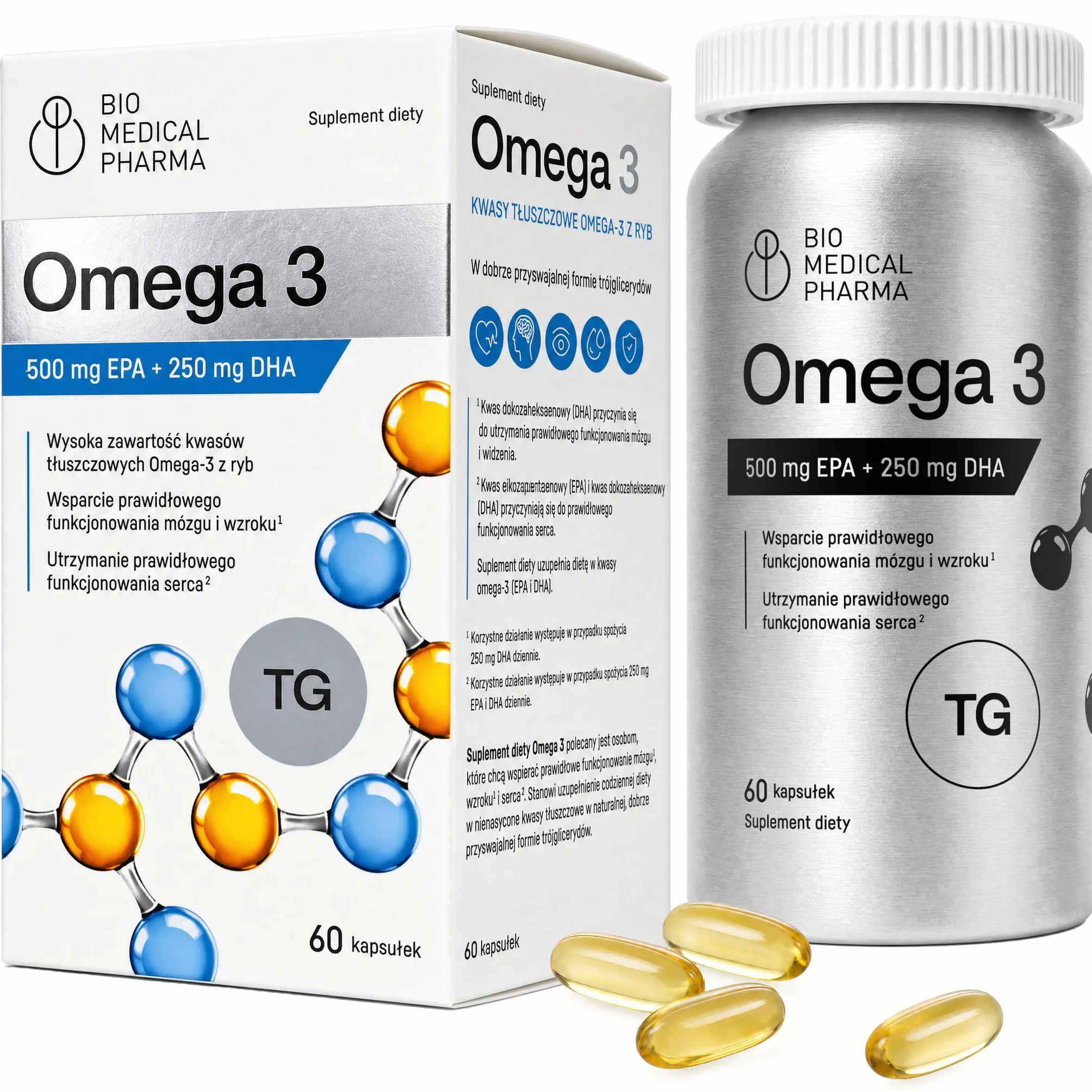 Omega 3 Kapsułki – 500 mg EPA + 250 mg DHA, Olej Rybi Forma Triglicerydowa – EPA i DHA Przyczyniają się do Prawidłowej Czynności Serca – Certyfikat IFOS (60 Kapsułek, 2 Miesiące)
