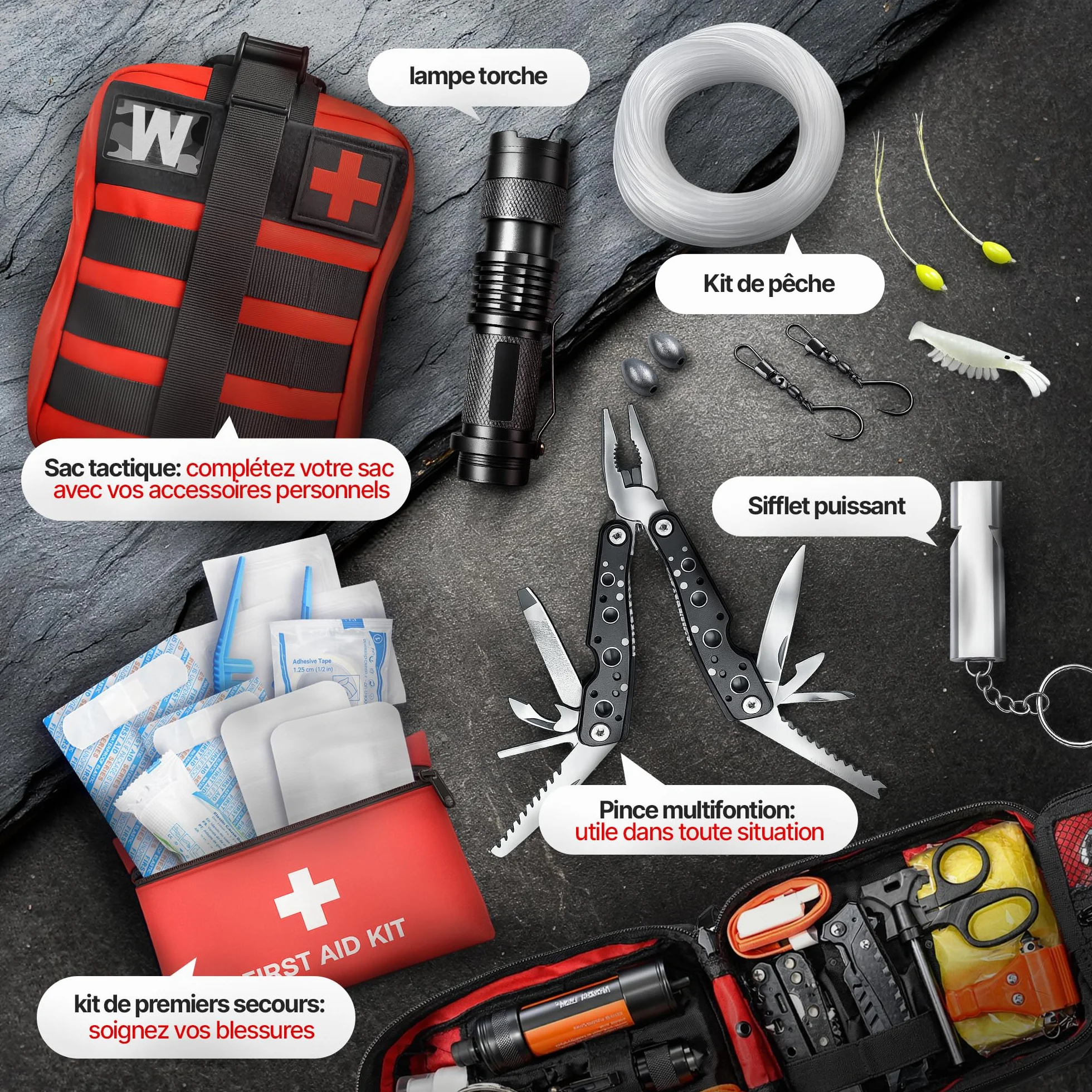 WONCROW ® Zestaw survivalowy + zestaw pierwszej pomocy, słomka z filtrem wody, wyposażenie outdoorowe, akcesoria na kemping, wędrówki, rower, do plecaka, apteczki, gadżety dla mężczyzn i dzieci