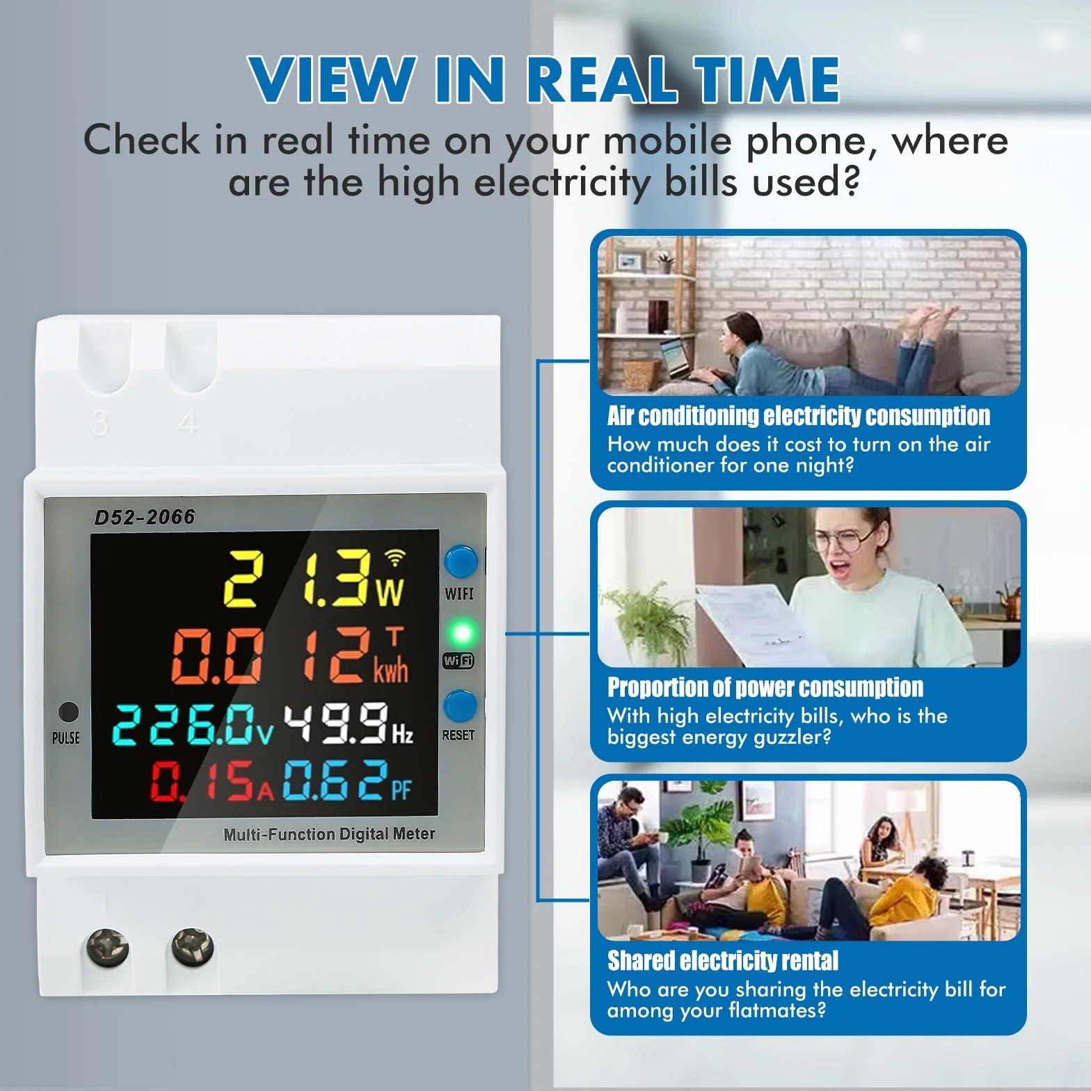 Jadeshay Inteligentny licznik prądu WiFi, szyna montażowa, 6 w 1, LCD, cyfrowy licznik prądu zmiennego, szyna montażowa, licznik KWh, AC40-300 V, 100 A, z wyświetlaczem LCD (wbudowany CT)