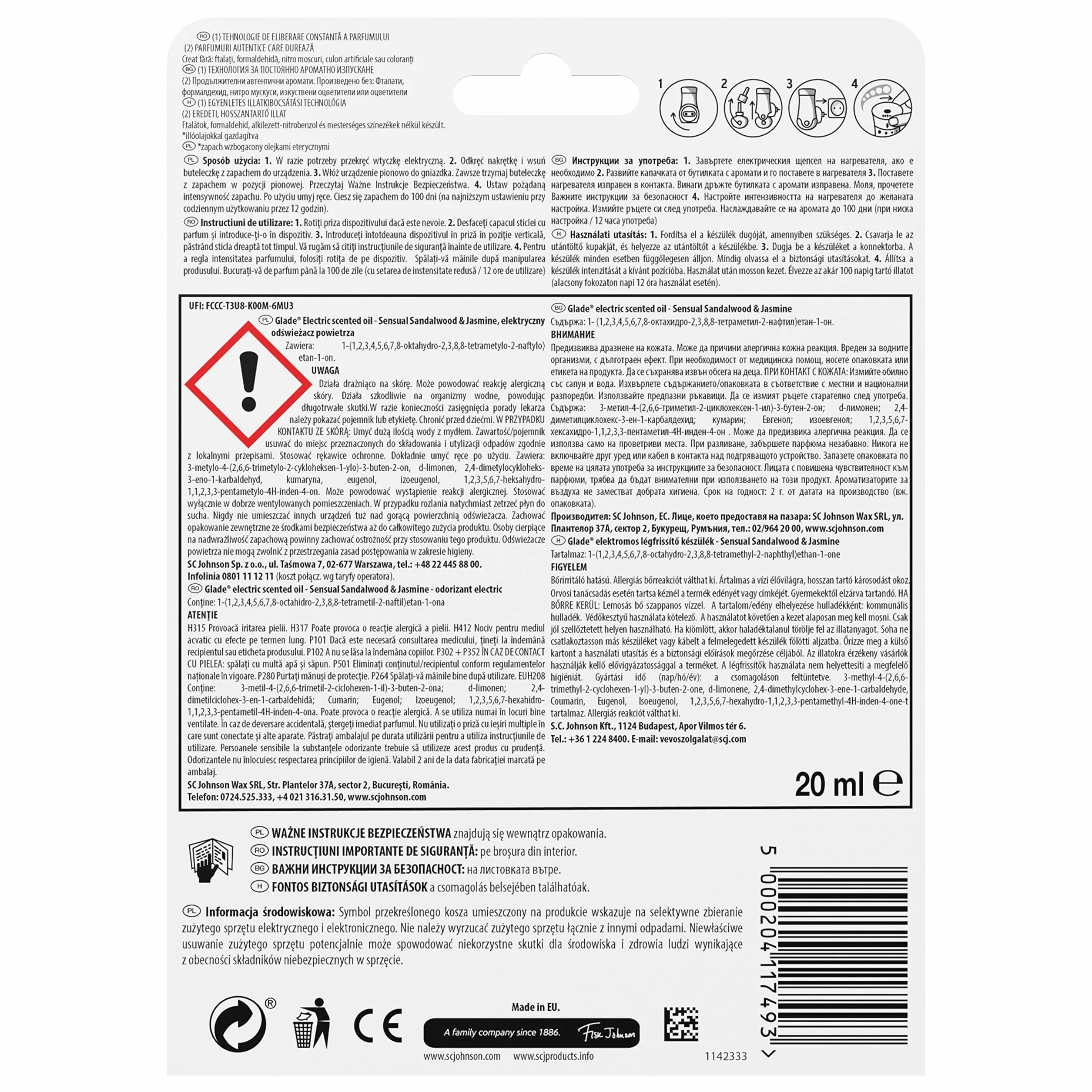 Glade Elektryczny Odświeżacz Powietrza, Electric Scented Oil o Zapachu Sensual Sandalwood & Jasmine, Urządzenie z Wkładem, Długotrwały Zapach, 20 ml
