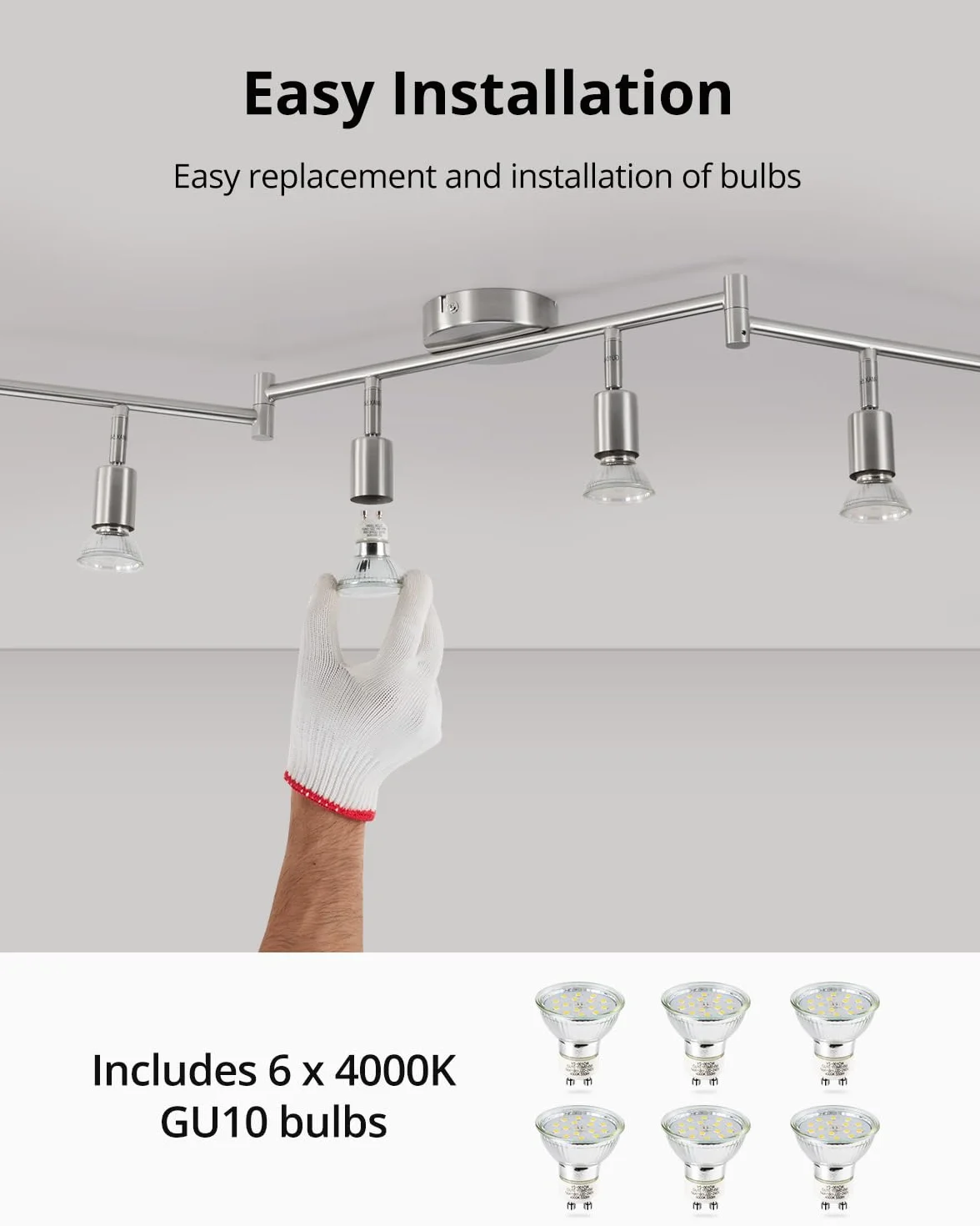 Bojim Obrotowa lampa sufitowa do kuchni, regulowane reflektory sypialniane, nikielowe oświetlenie torowe LED, 6-drożna lampa sufitowa do wnętrz, 6 żarówek GU10, 6 W 4000 K do salonu, siłowni, biura
