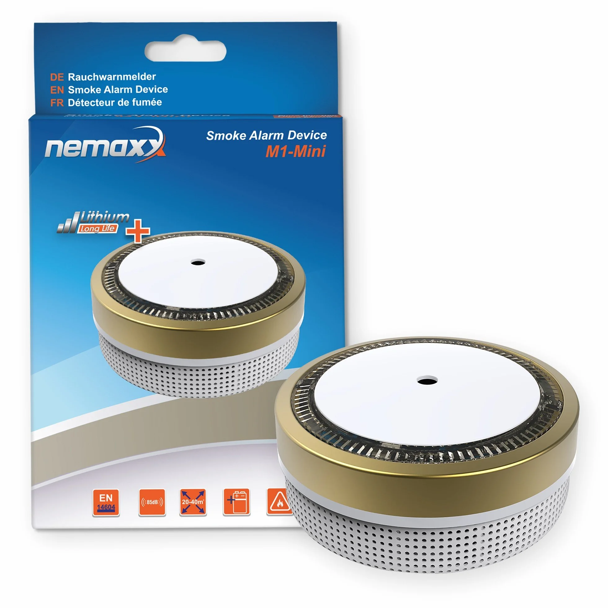 7X Nemaxx M1-Mini czujnik dymu – czuły, fotoelektryczny czujnik dymu z baterią litową typ DC3V zgodnie z normą DIN EN14604 i VDs – złoty