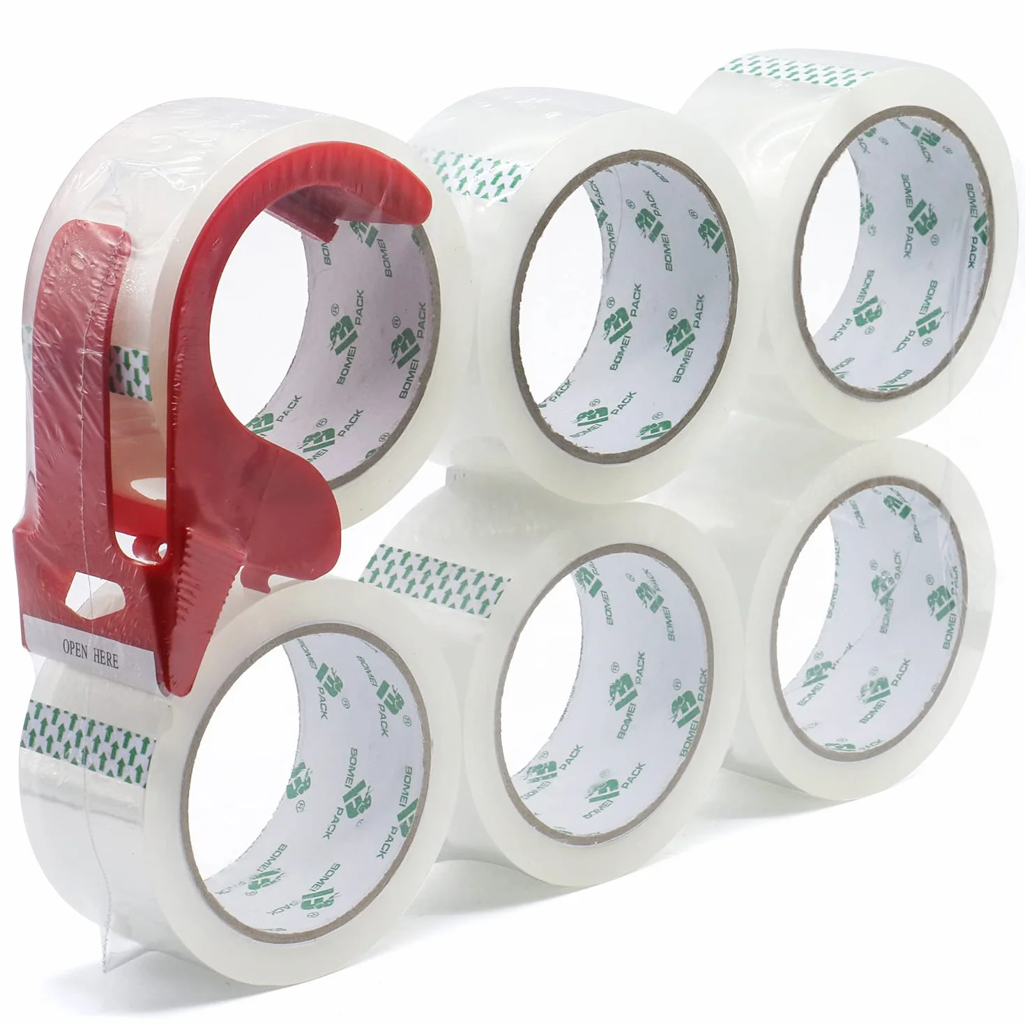 BOMEI PACK Taśma do pakowania, przezroczysta z plastikowym rozwijaczem, taśma klejąca 48 mm x 66 m, 6 rolek