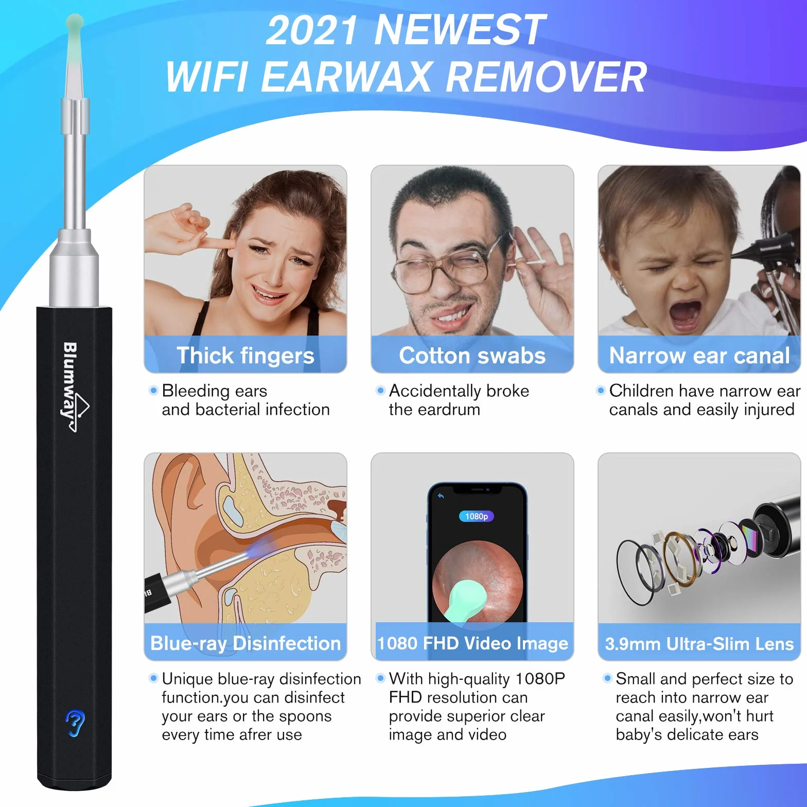 BlumWay Otoskop do ucha z WiFi 3,5 mm 1080p HD endoskop, urządzenie do czyszczenia uszu z 6 diodami LED, czyszczenie uszu, środek do usuwania woskowiny usznej, dla dzieci i dorosłych, z iOS, Android (czarny)