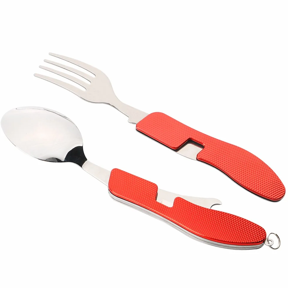 2 szt. Premium sztućce kempingowe 4 w 1, składane sztućce 4 w 1, stal nierdzewna zestaw sztućców kempingowych outdoor, zestaw nóż widelec łyżka otwieracz do butelek (czerwony)