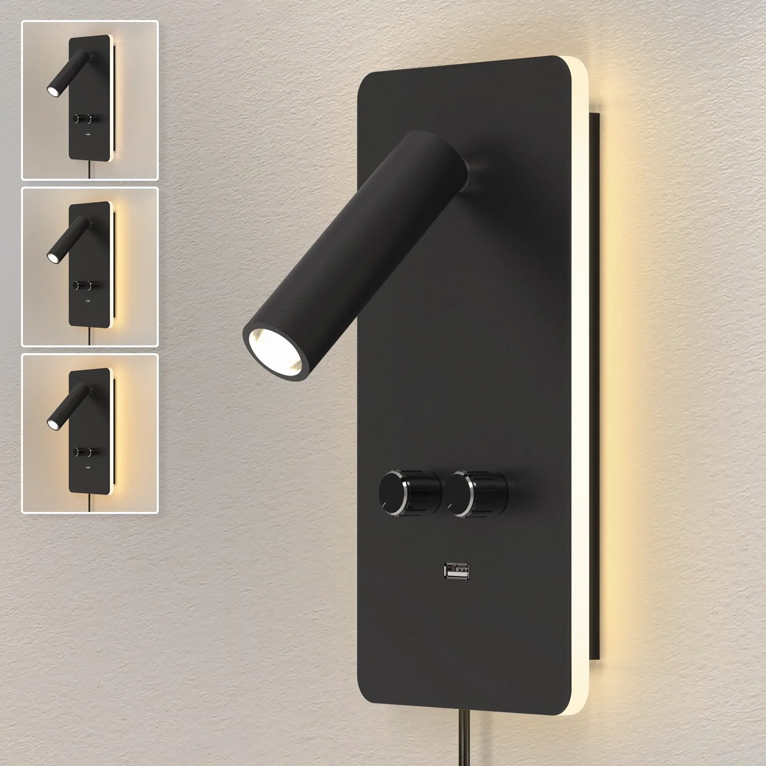 M04 Ścienna lampa do czytania z regulacją jasności (0,9-3,7W) - LED z podświetleniem 1,2-6W, port USB, do montażu na wtyczkę lub stałe podłączenie，Czarny